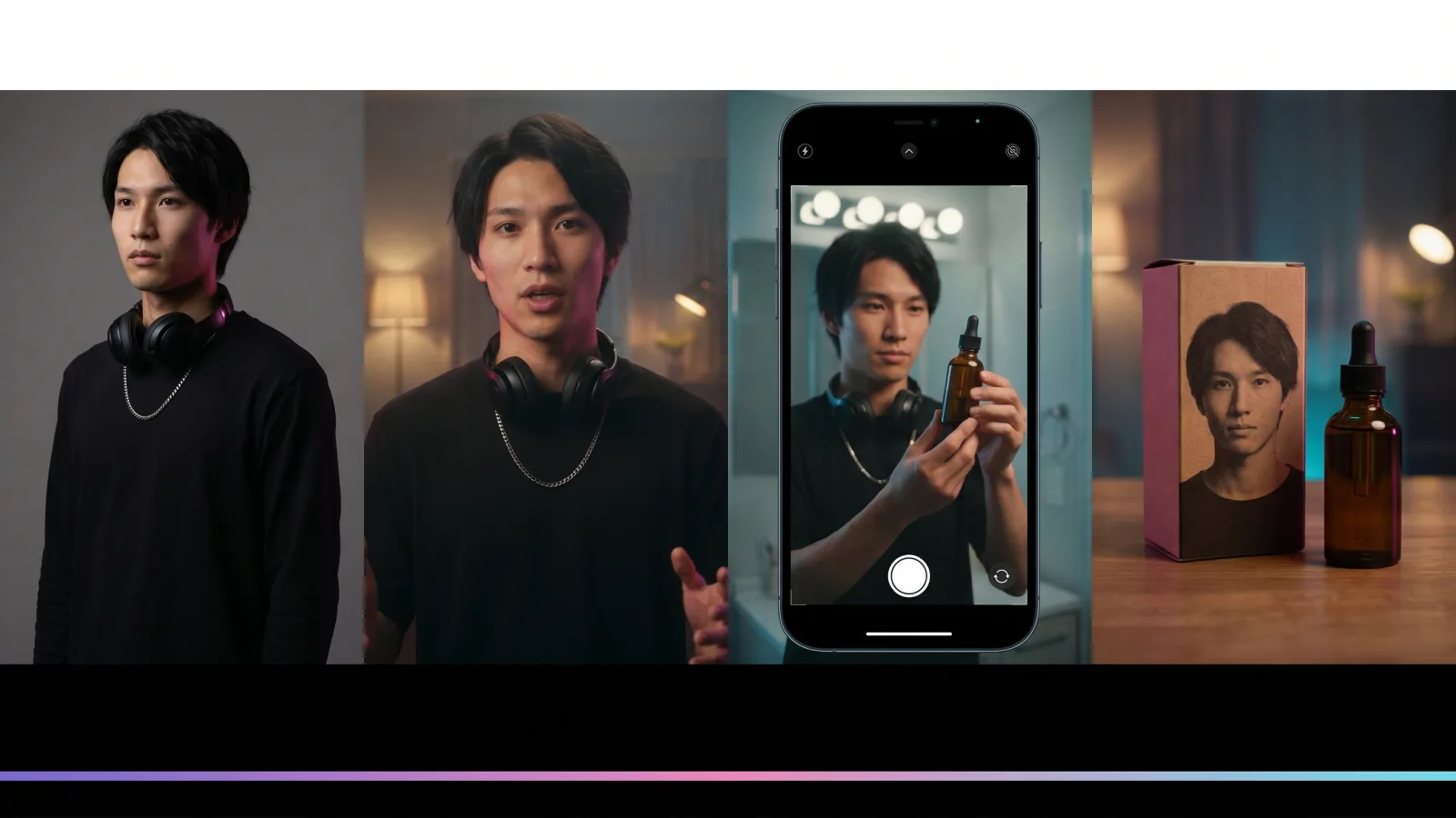 One saved actor identity reused across four surfaces in a strip — studio still, talking-head frame, vertical UGC read, and on-product shot — the same face in every panel, rendered by the Playcut Actor Engine