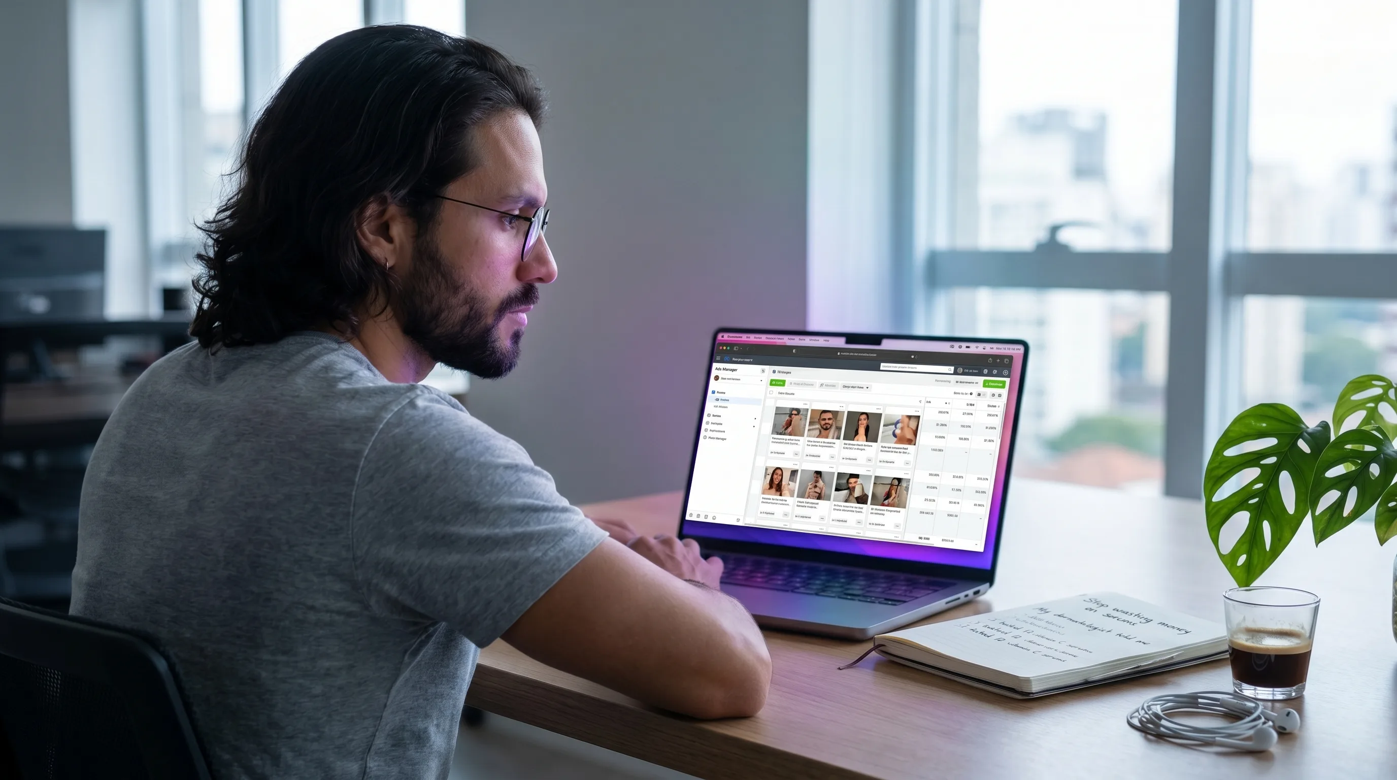 Diego Ribeiro at an agency-operator desk reviewing per-variant ad-spend math on a laptop, rendered by the Playcut Actor Engine