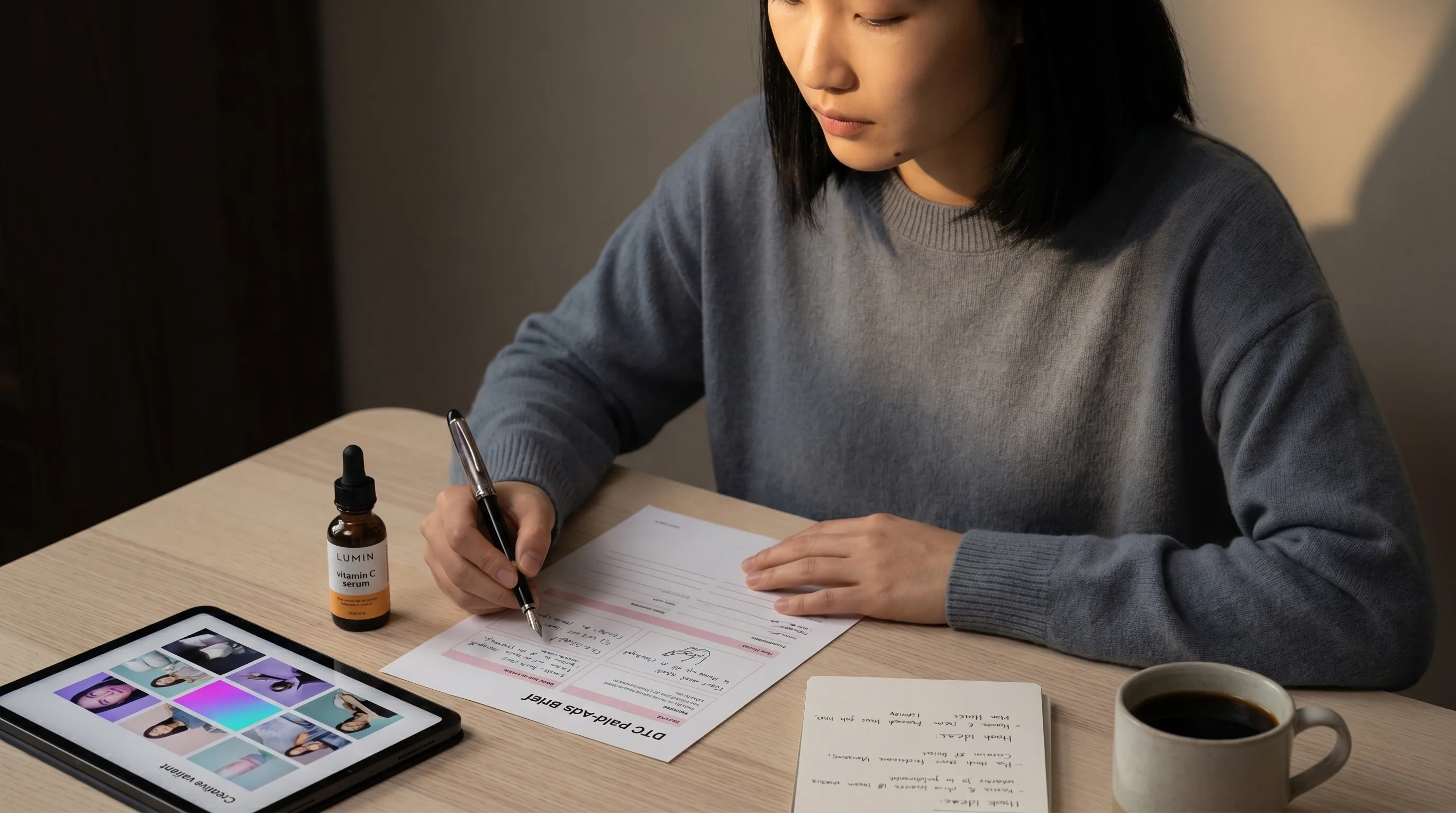 Mira Chen working through a Creatify-to-Playcut migration brief with a 12-step checklist visible on the laptop, rendered by the Playcut Actor Engine