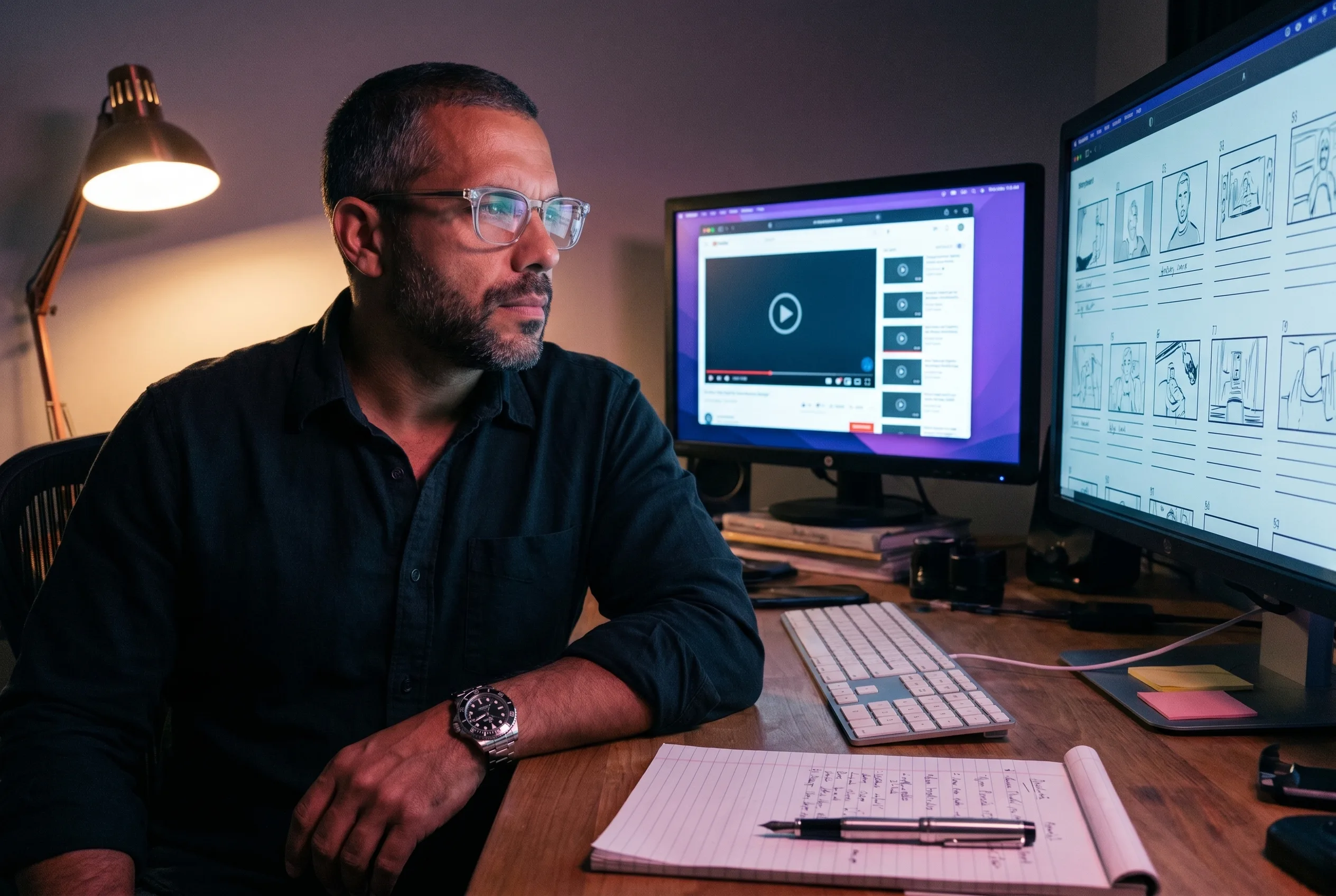 Andre Laurent, a creative agency founder, comparing D-ID alternatives at a dual-monitor desk with a fixed-frame talking-head player on one screen and a multi-format storyboard of stills, a vertical UGC clip, and a product shot on the other, handwritten pricing notes in frame, rendered by the Playcut Actor Engine