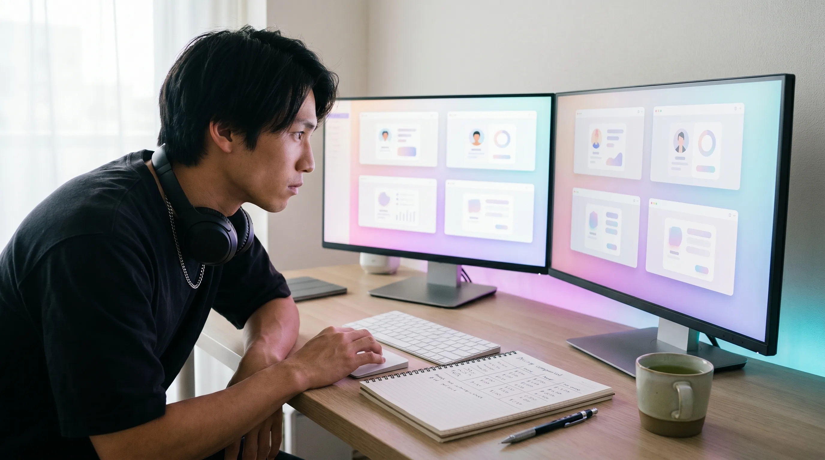 Kai Tanaka, an indie creator, testing seven D-ID alternatives side by side at a dual-monitor bench with avatar tool dashboards open and a handwritten pricing notebook in frame, rendered by the Playcut Actor Engine