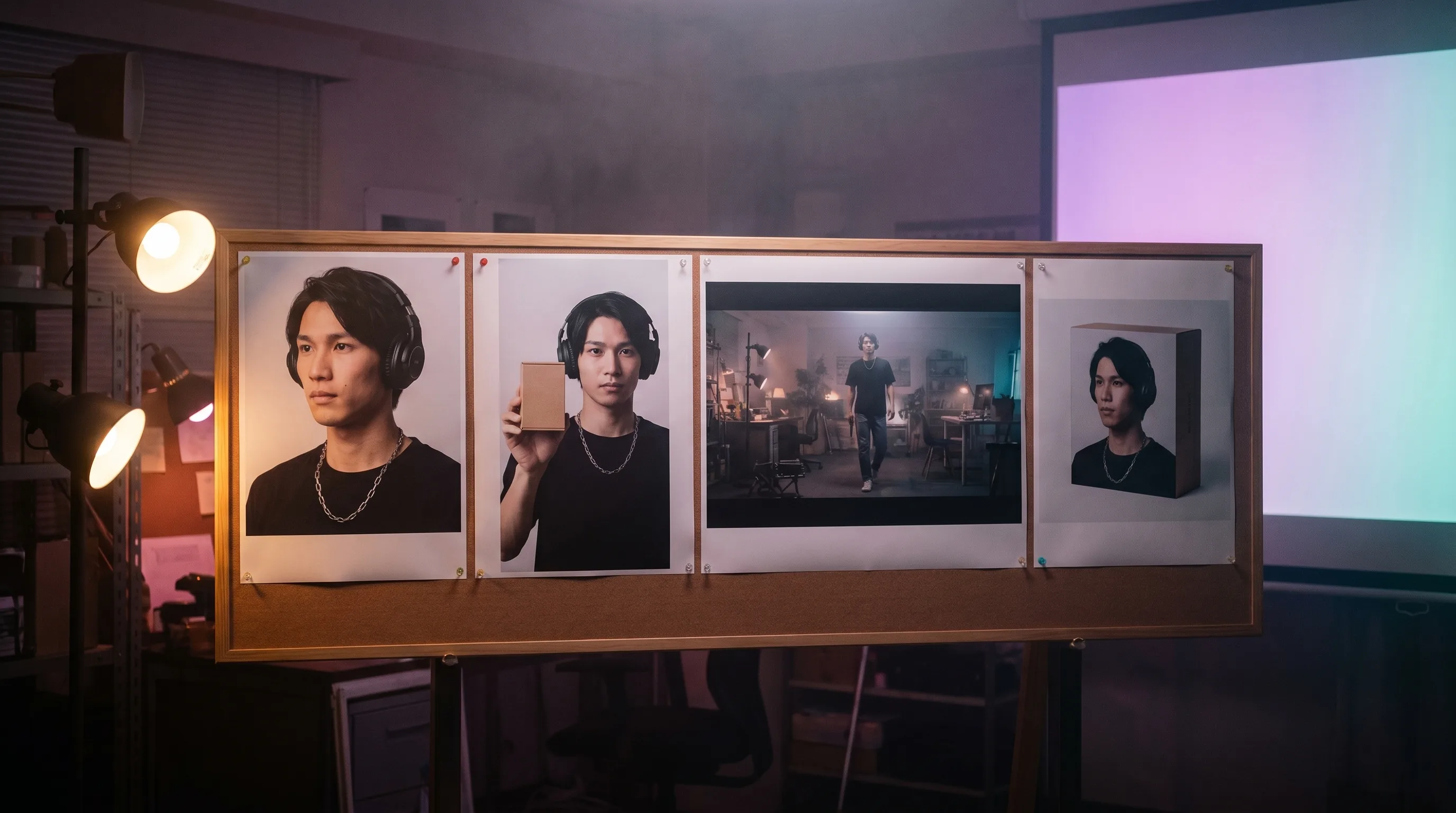 The same Playcut AI actor held consistent across a still portrait, a 9:16 UGC ad frame, a cinematic wide frame, and an on-product composite, rendered by the Playcut Actor Engine