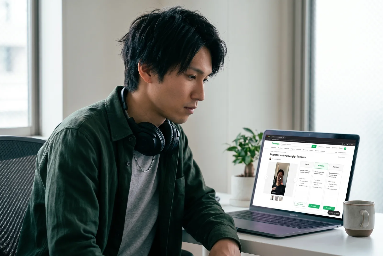 An AI video freelancer at a tidy desk building a three-tier Fiverr gig listing on a laptop, with package columns and a vertical phone clip preview visible on screen