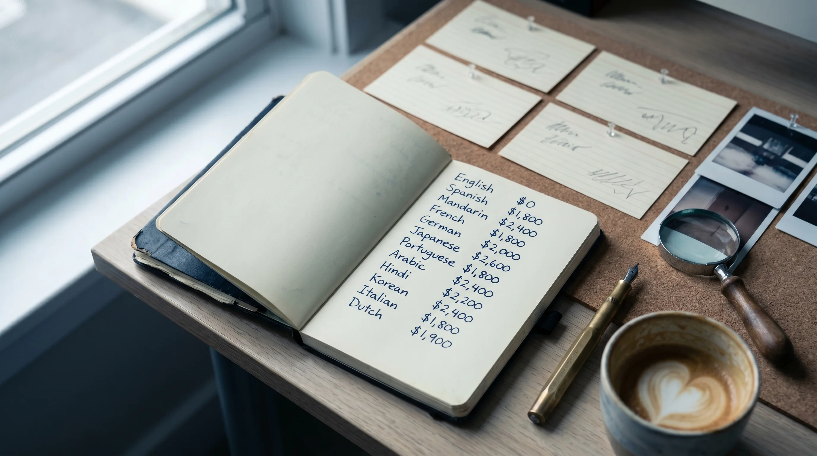 An open Moleskine notebook with a handwritten 12-language localization cost ladder in fountain pen (English $0, Spanish $1,800, Mandarin $2,400 and more) plus four pinned index cards, brass fountain pen, and cortado on a Toronto creative-director desk, Playcut Imagen generation