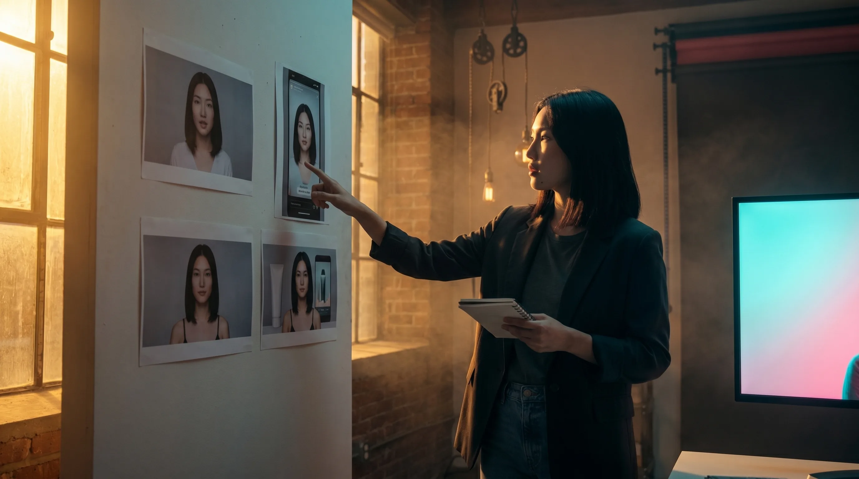 Mira Chen, Toronto creative director, reviewing a four-format brand-safety review wall showing the same Playcut AI actor across an explainer talking-head, a 9:16 UGC ad, a still product hero, and an on-product composite shot, atmospheric Toronto loft with golden-hour spill from camera-left, Playcut Imagen generation