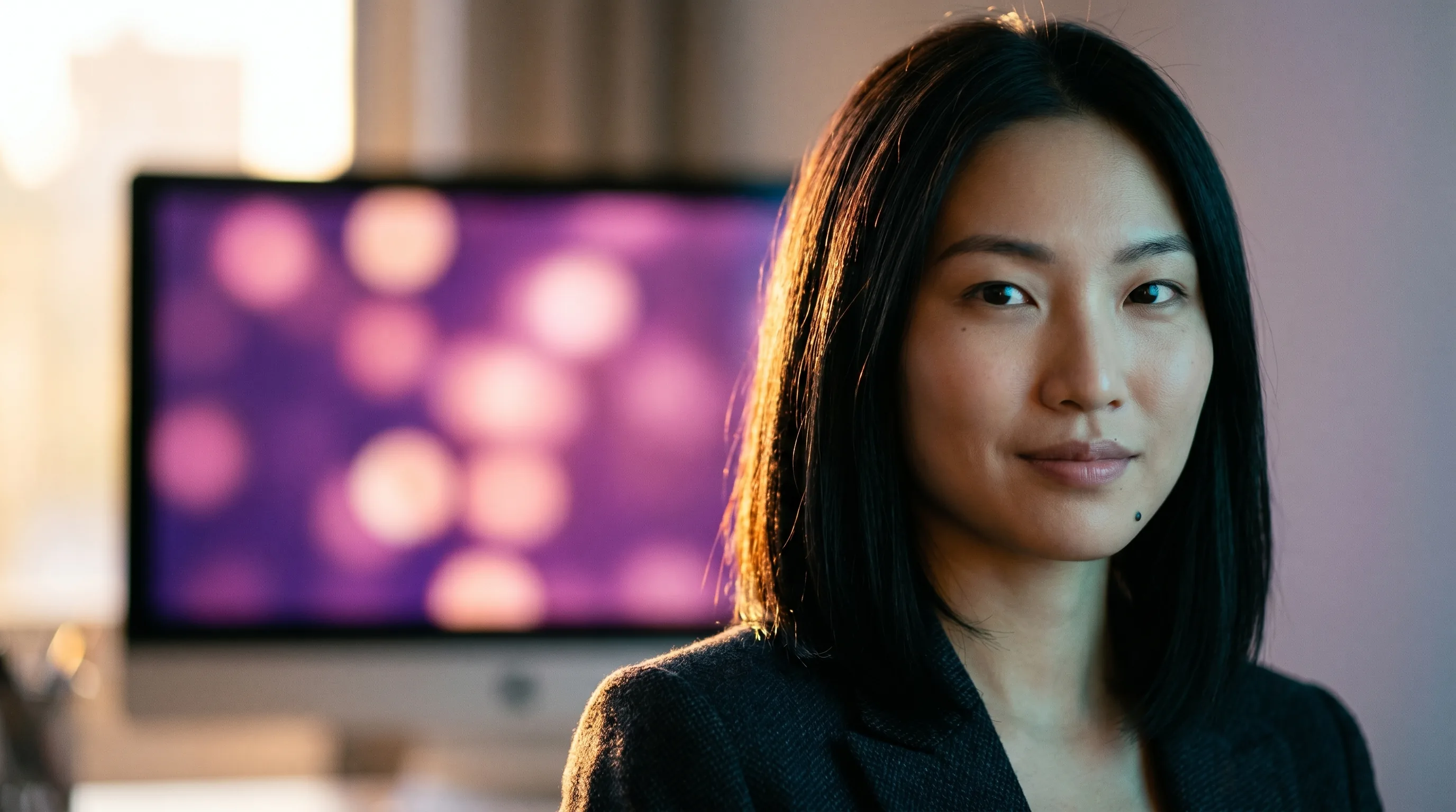 Mira Chen, Toronto creative director, with a calm direct gaze and the Playcut chat surface softly out of focus in late-afternoon golden hour behind her, Playcut Imagen generation