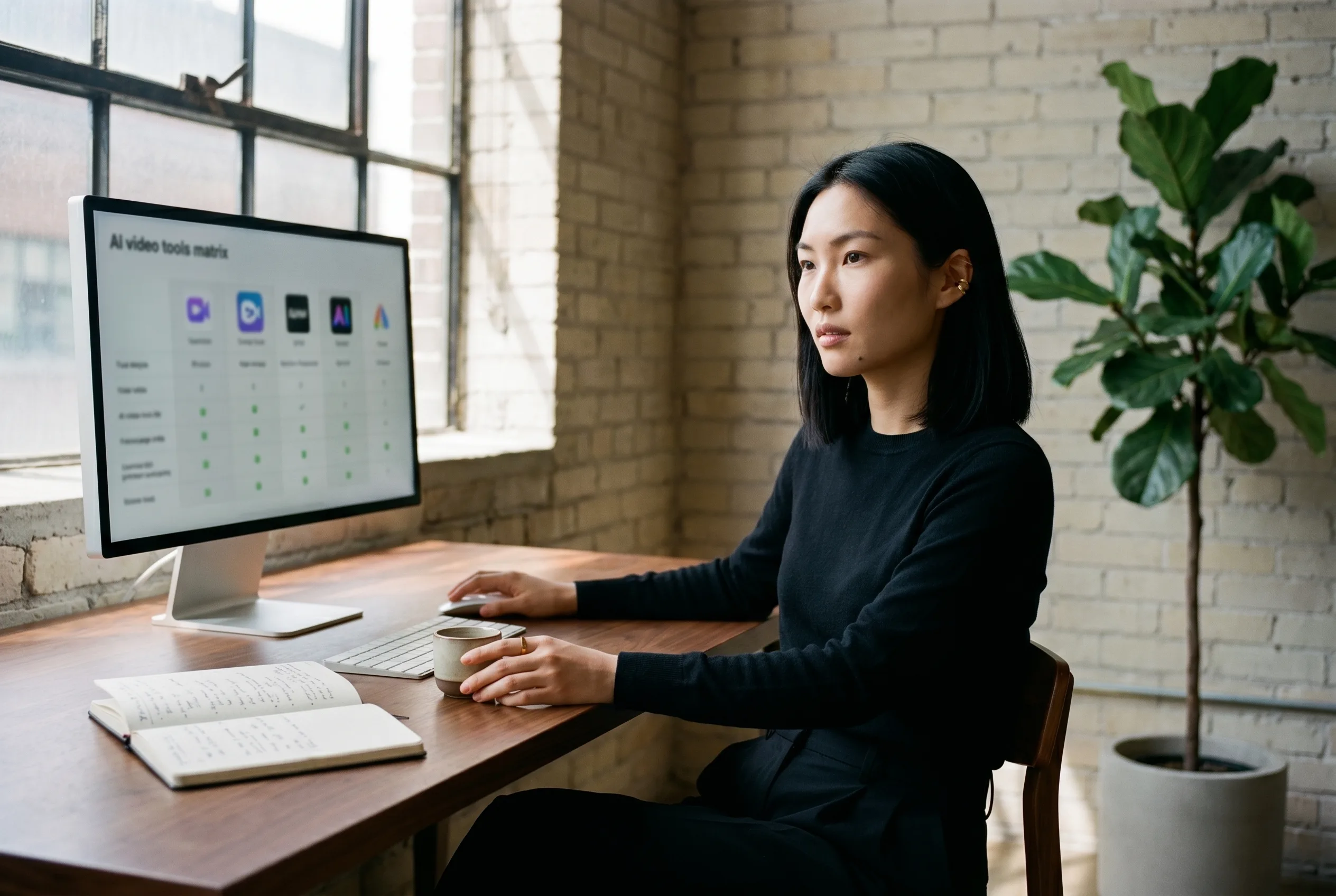 A creative director comparing Higgsfield alternatives across seven monitors at a sunlit Toronto agency workstation, rendered by Playcut Imagen