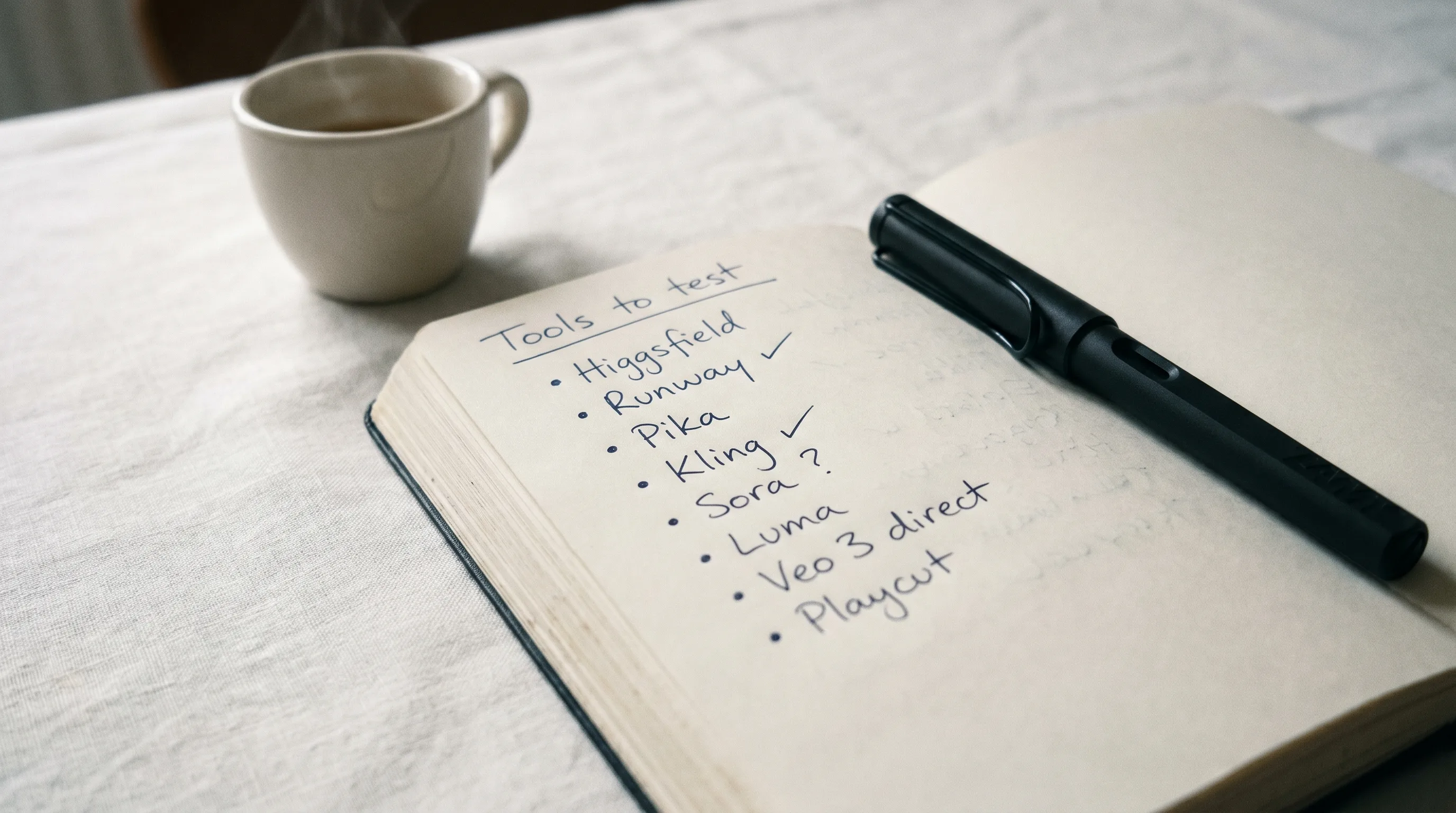 An open Moleskine notebook with a handwritten 'tools to test' list of AI video generators on a sunlit creative-director desk, Playcut Imagen generation