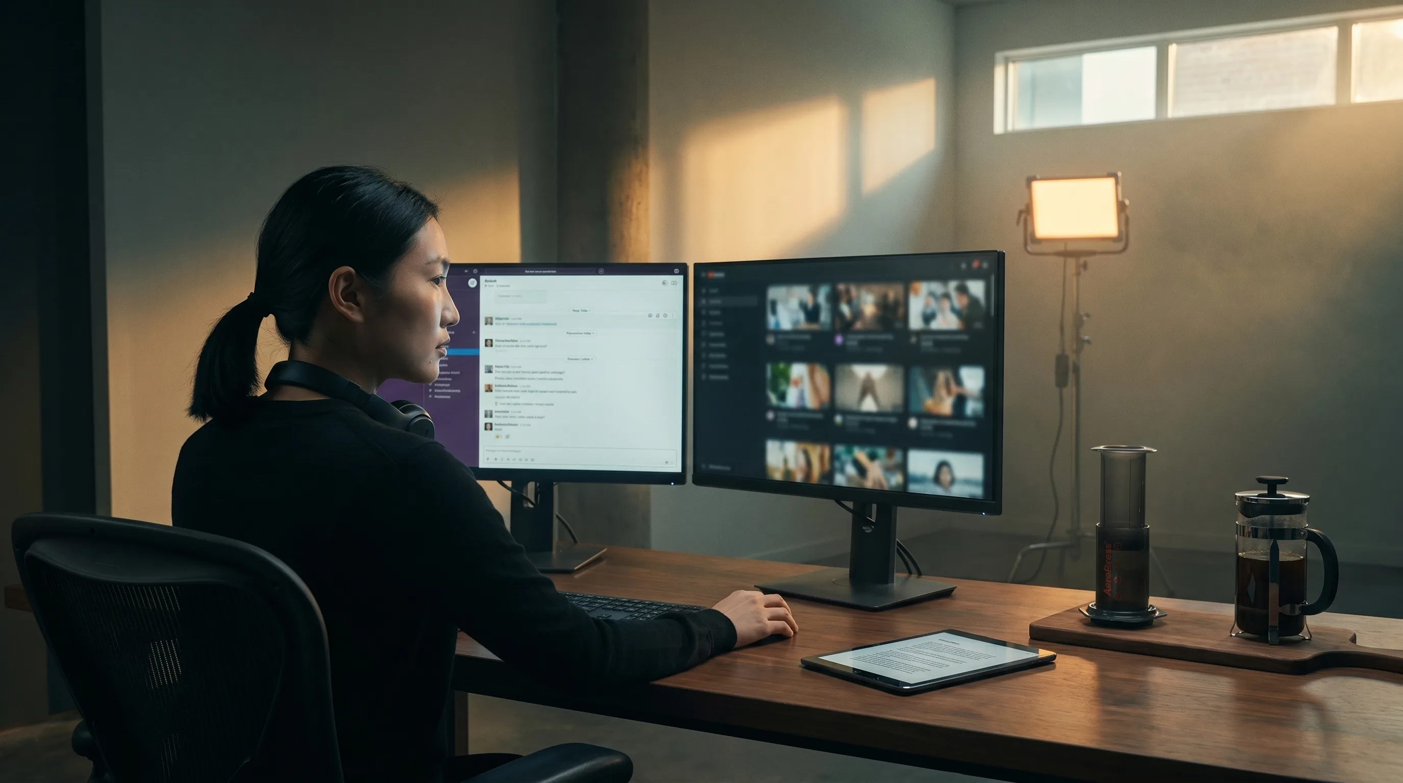 A creative director reviewing AI tool generations across dual reference monitors at golden hour in an atmospheric Toronto agency loft, Playcut Imagen generation