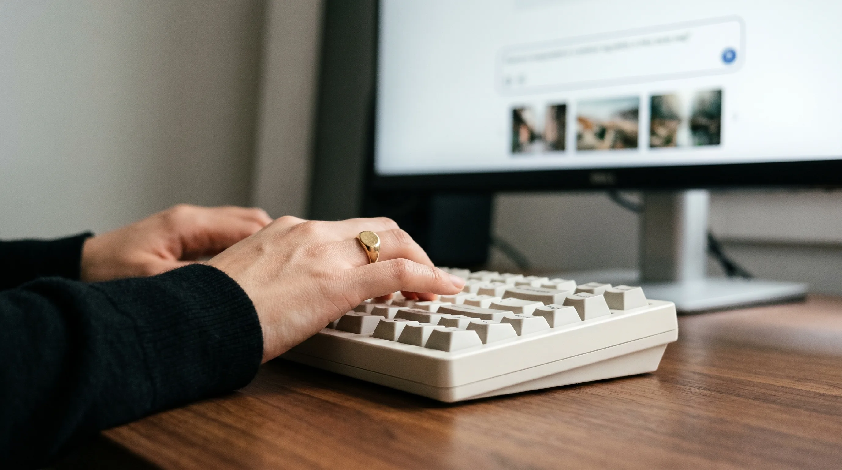 Hands typing on a bone-white wireless keyboard with the Playcut chat interface in soft focus on the monitor behind, Playcut Imagen generation