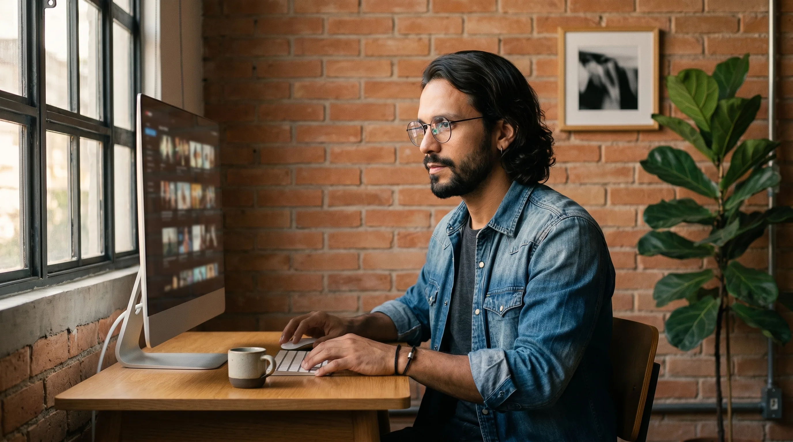 A São Paulo agency operator at his workstation reviewing a cinematic AI generation thumbnail grid in warm afternoon light through an industrial window, Playcut Imagen generation