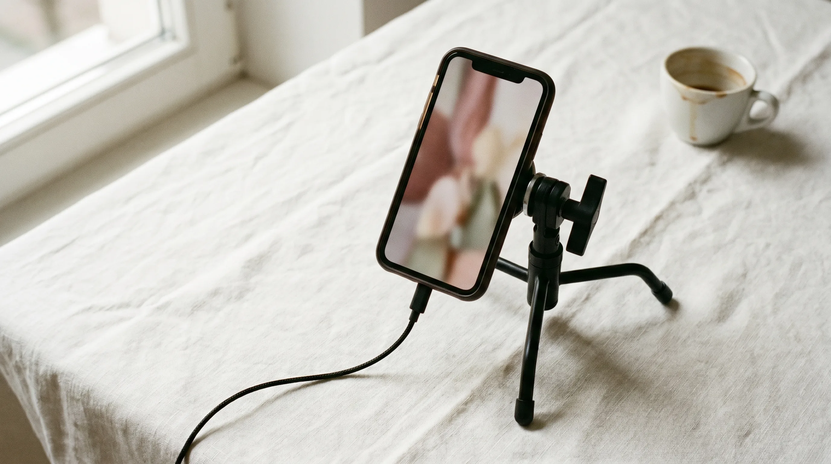 A smartphone propped on a mini c-stand showing a soft-focus vertical 9:16 AI-generated video frame on a sunlit linen surface with espresso cup, Playcut Imagen generation