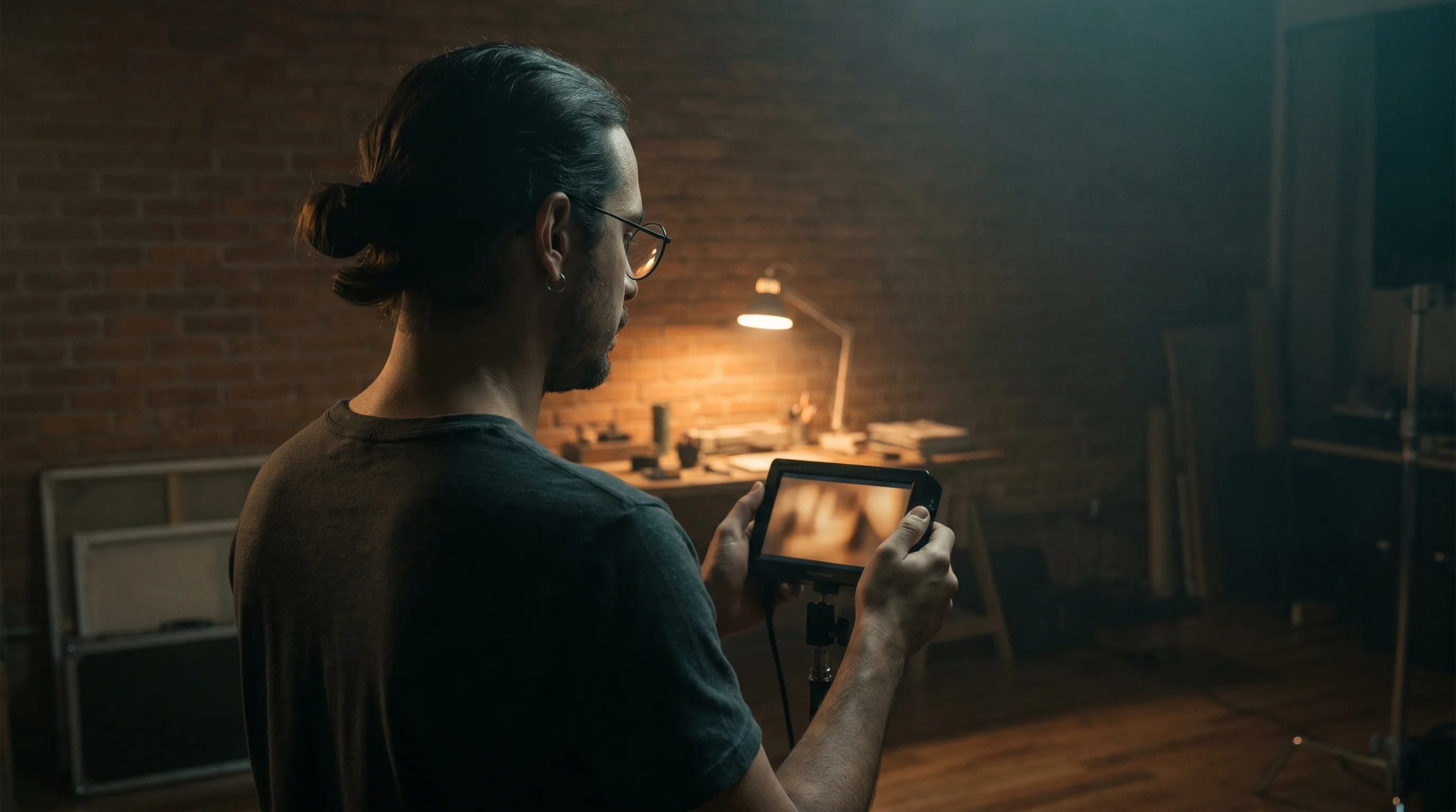 A São Paulo operator reviewing an AI generation on a 5-inch director's field monitor in his dim Casa Ribeiro studio at night with single tungsten lamp practical key, Playcut Imagen generation