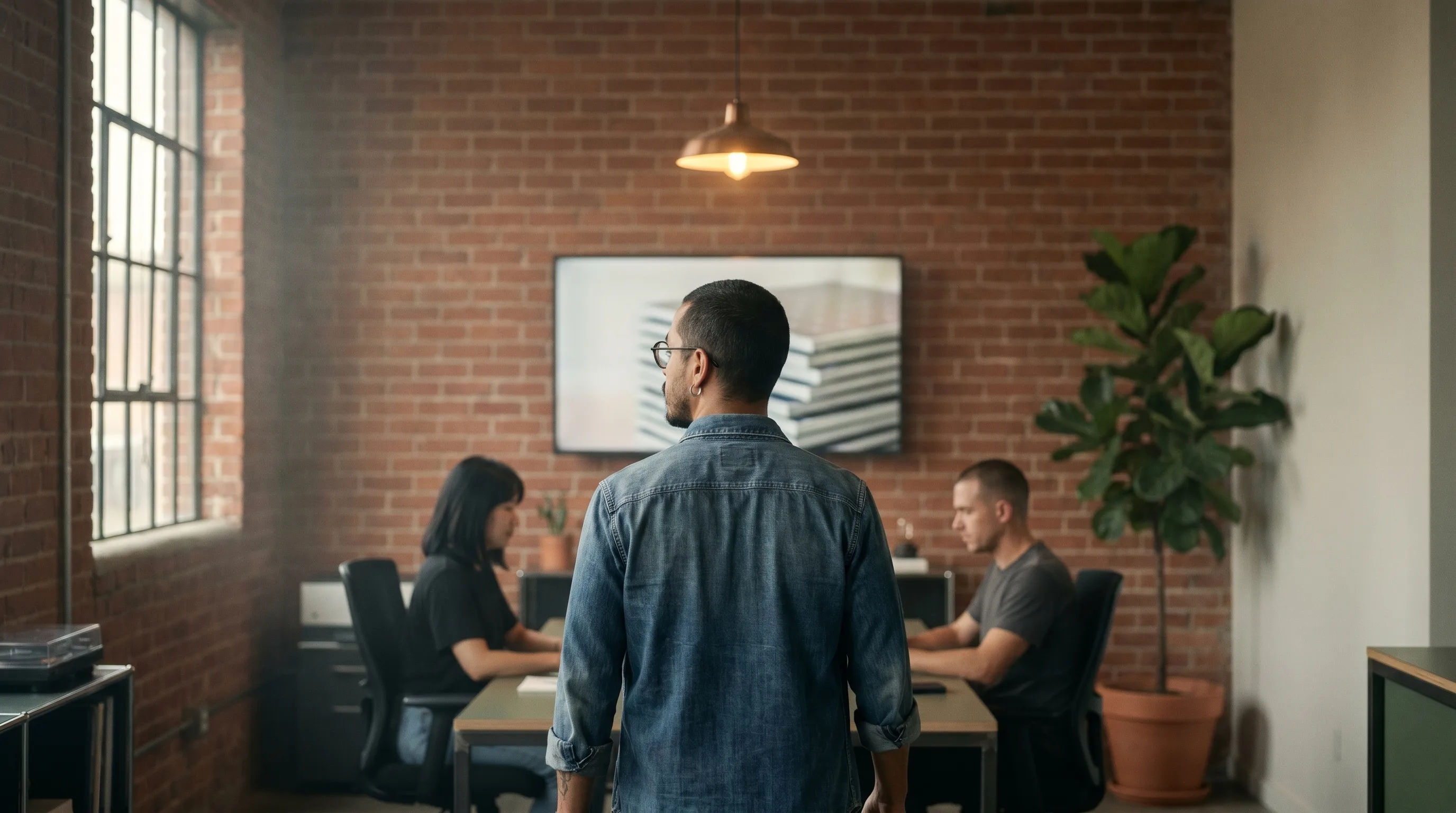 An operator walking through a São Paulo agency studio with two team members soft-focus at desks behind, late-afternoon light through a tall industrial window, Playcut Imagen generation