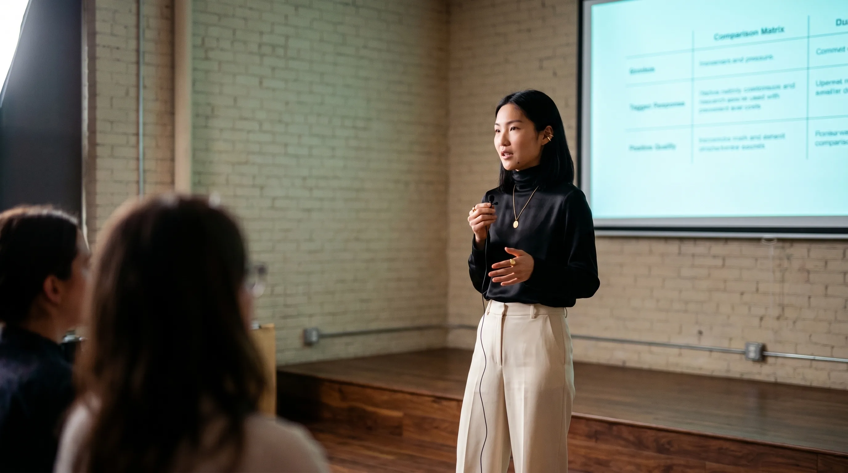 A creative director presenting at a Toronto creative-industry workshop with a comparison matrix soft-focus on the projector behind her, Playcut Imagen generation