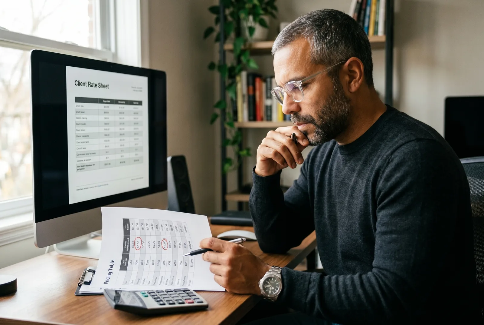 A freelance AI video creator at a desk reviewing a client rate sheet on screen beside a per-deliverable pricing table and a calculator