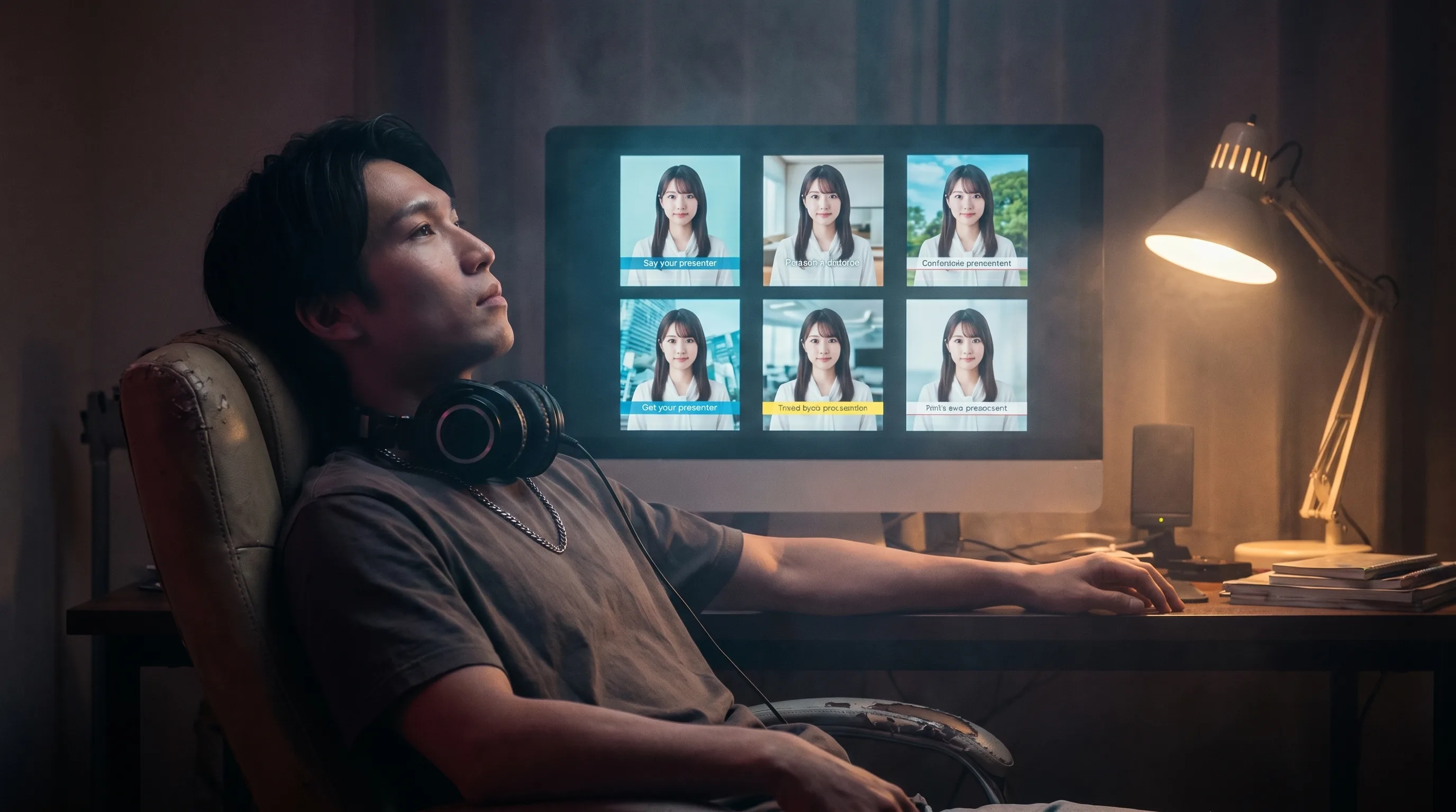 Creator reviewing a six-tile batch of AI actor ad variants in the Playcut workspace, the same actor's face holding identical across all six frames, rendered by the Playcut Actor Engine