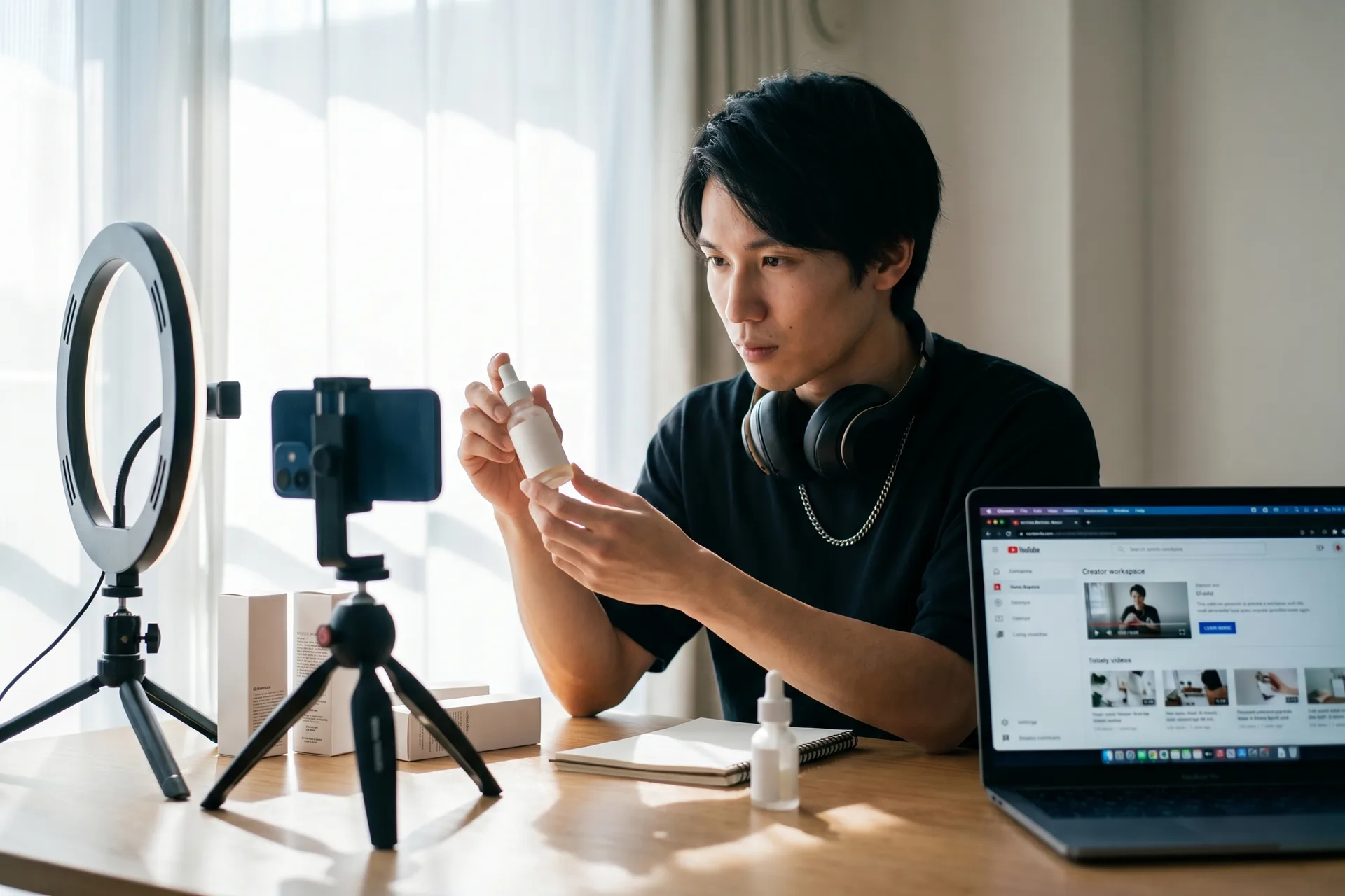 New UGC creator filming a handheld smartphone product demo at a daylight desk — phone on tripod, ring light, product props, Playcut workspace on the laptop — the working setup for how to become a UGC creator in 2026, rendered by the Playcut Actor Engine