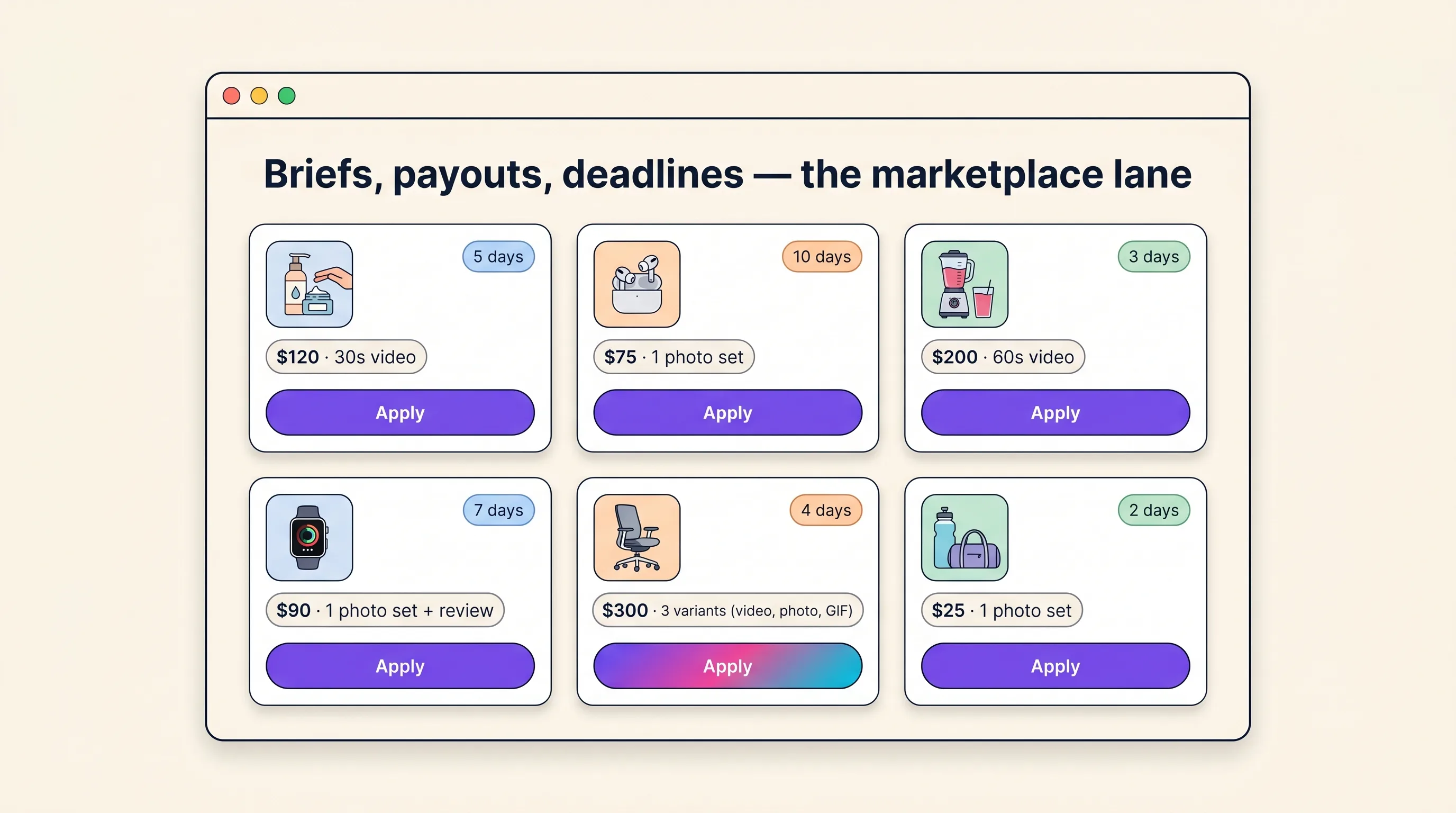 Illustrated UGC marketplace campaign board concept showing brief cards with product thumbnails, payout amounts, deadlines, and apply buttons