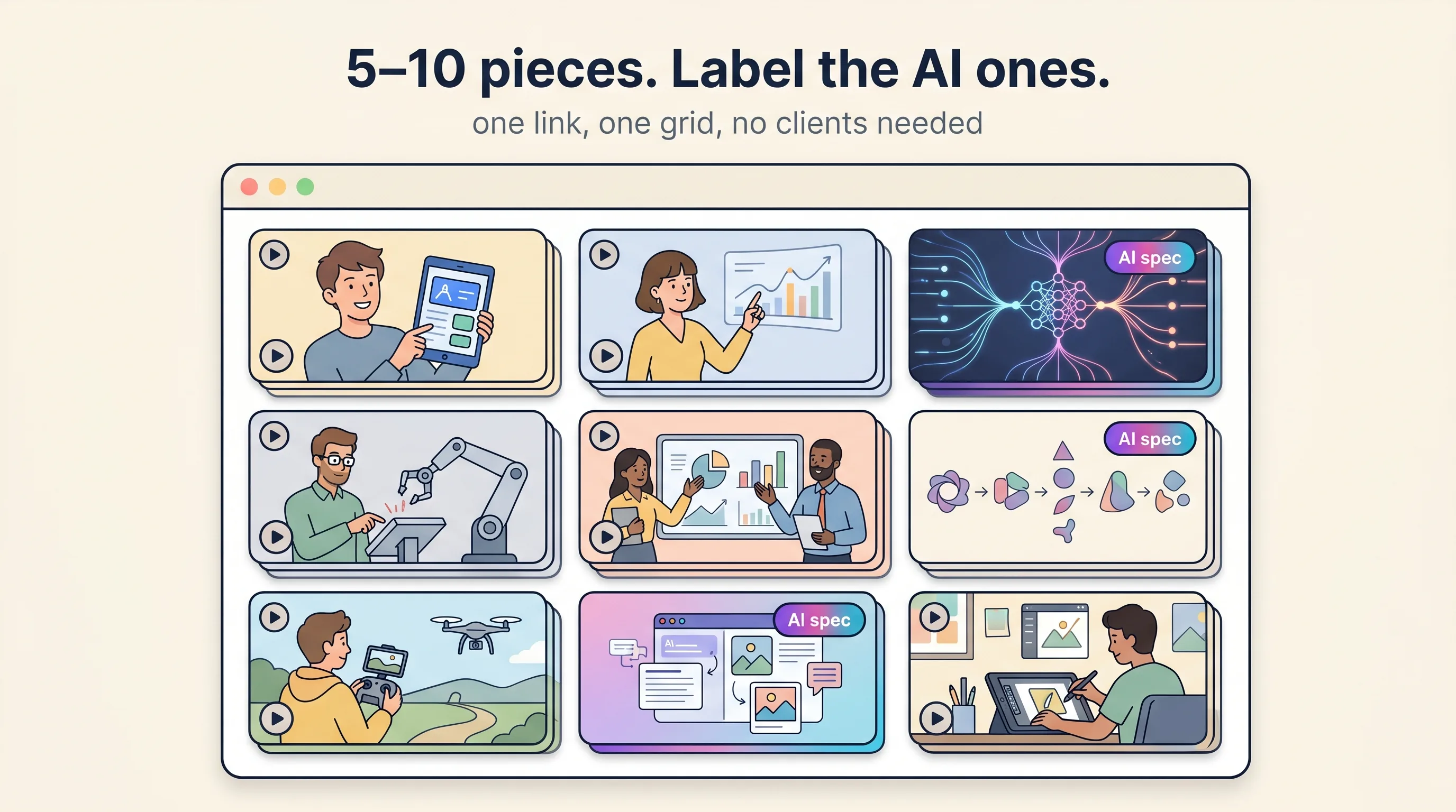 Illustrated three-by-three UGC portfolio grid mixing filmed clips with AI-generated spec variants, each AI piece carrying a visible AI spec label tag