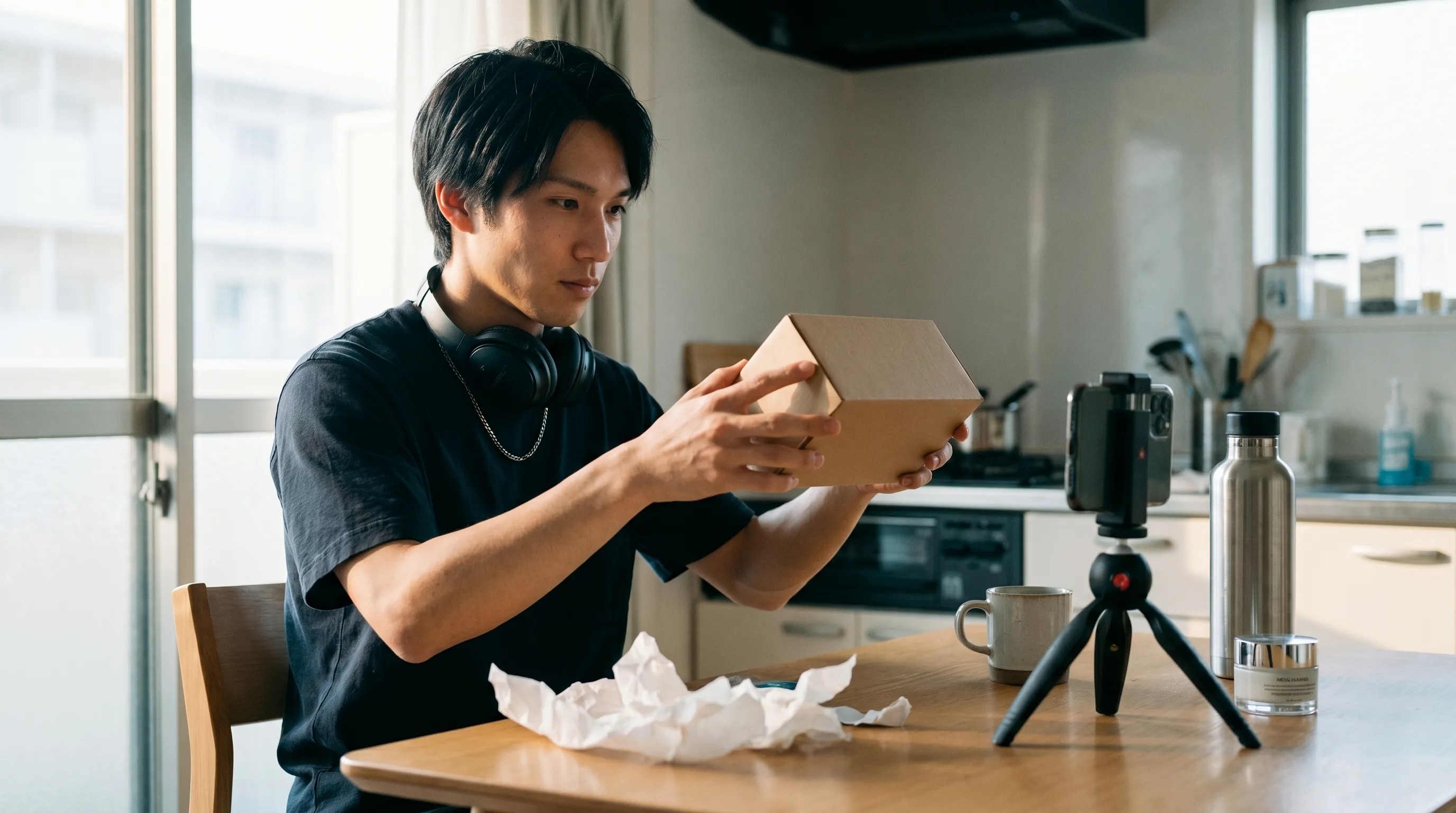 Creator filming a spec unboxing video at a kitchen table using products he already owns, phone mounted on a small tripod in soft window light, rendered by the Playcut Actor Engine