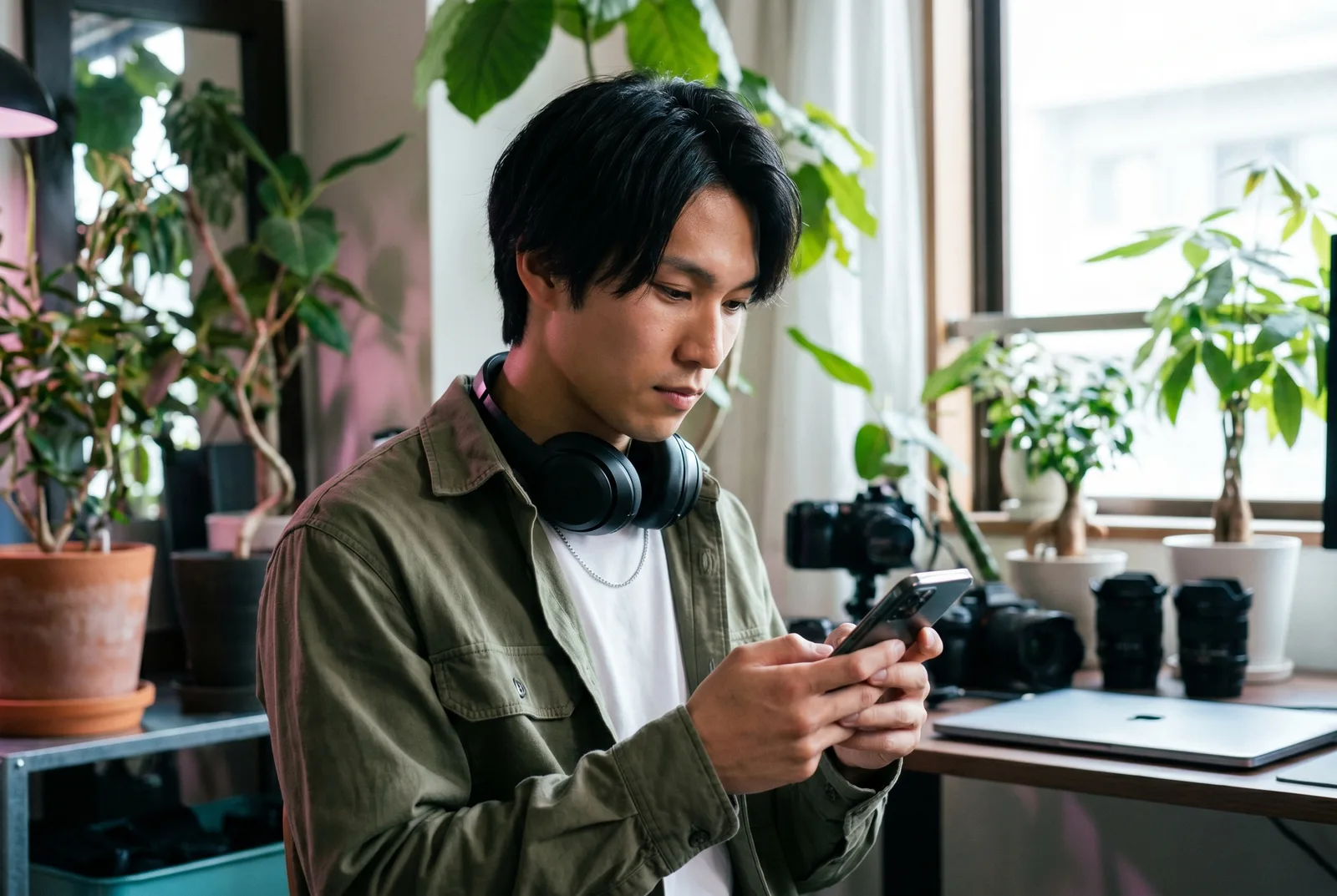 A young content creator building an AI influencer feed at a sunlit desk, the same persona shown consistently across a wall of feed posts, rendered by the Playcut Actor Engine