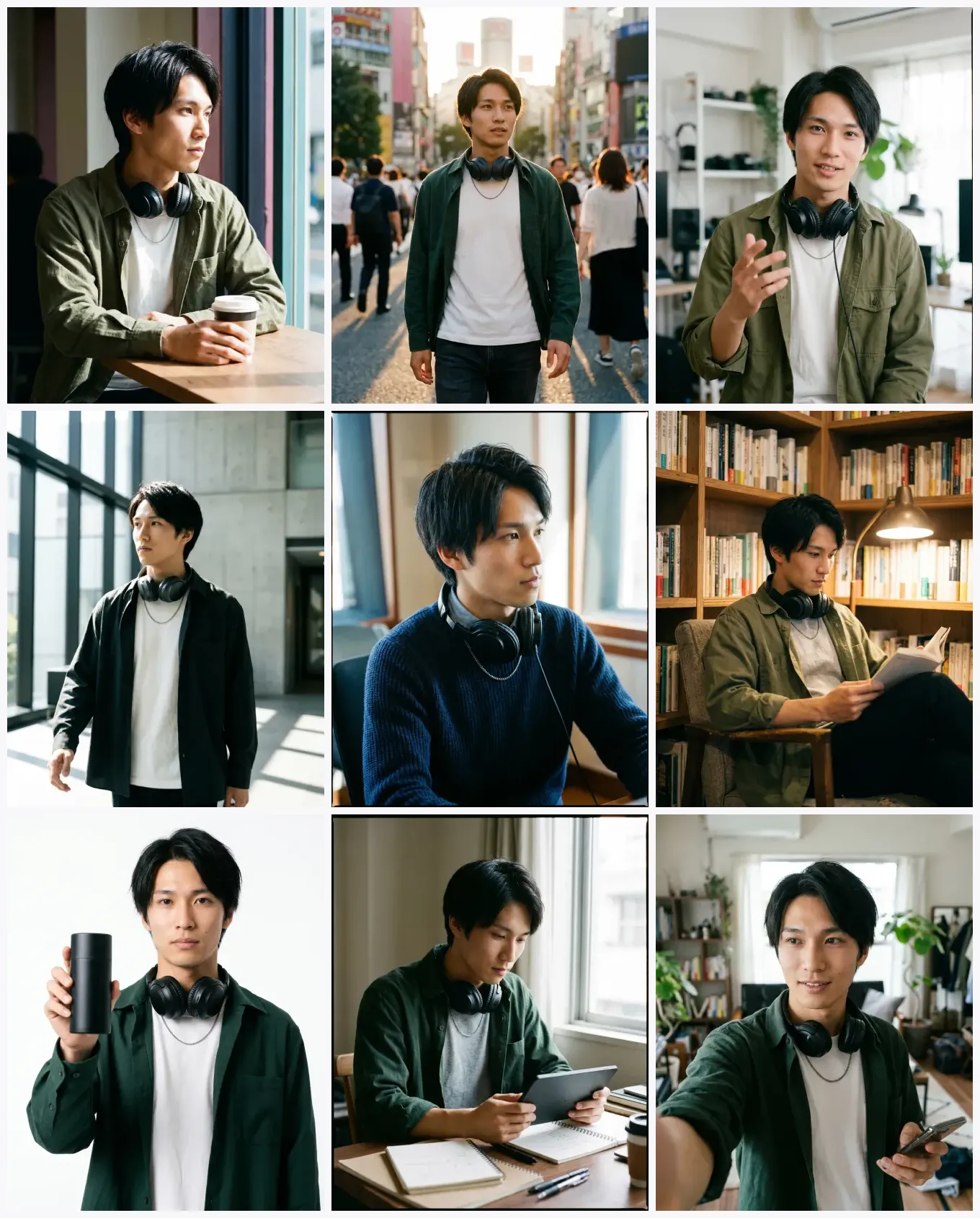A 3x3 grid of nine social posts featuring the same AI influencer persona — feed stills, reels, outfit swaps, and on-product shots — the face held identical across every tile, rendered by the Playcut Actor Engine