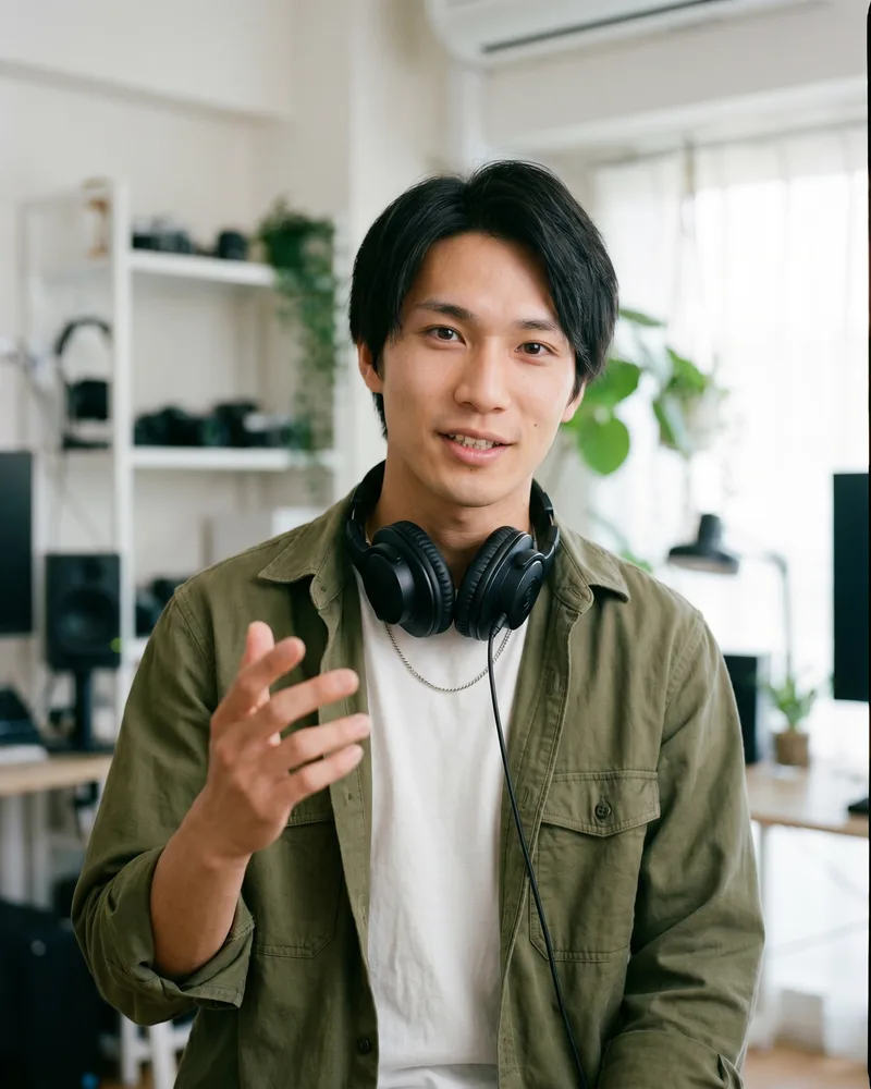 A vertical reel frame of the same AI influencer persona talking to camera, the same face as the feed stills carried into motion, rendered by the Playcut Actor Engine
