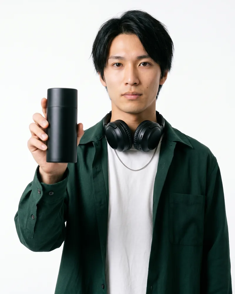The same AI influencer persona holding an unbranded product in a sponsored-post still, the identity preserved on the product shot, rendered by the Playcut Actor Engine