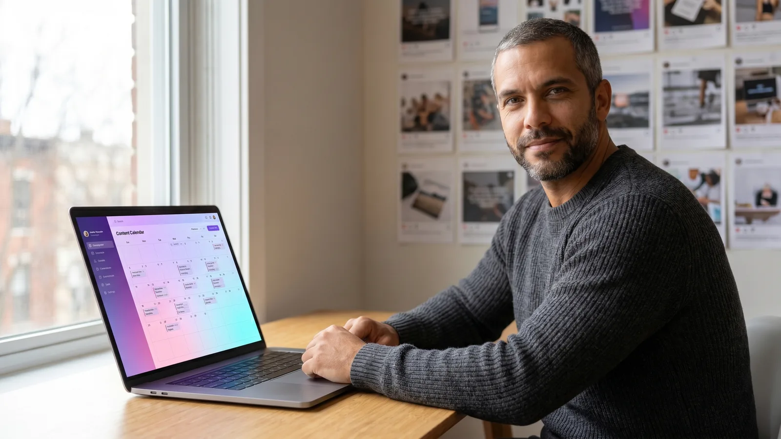 A founder reviewing an AI influencer content calendar on a laptop with a wall of consistent feed posts behind him, planning to scale a one-person persona studio into a small agency, rendered by the Playcut Actor Engine