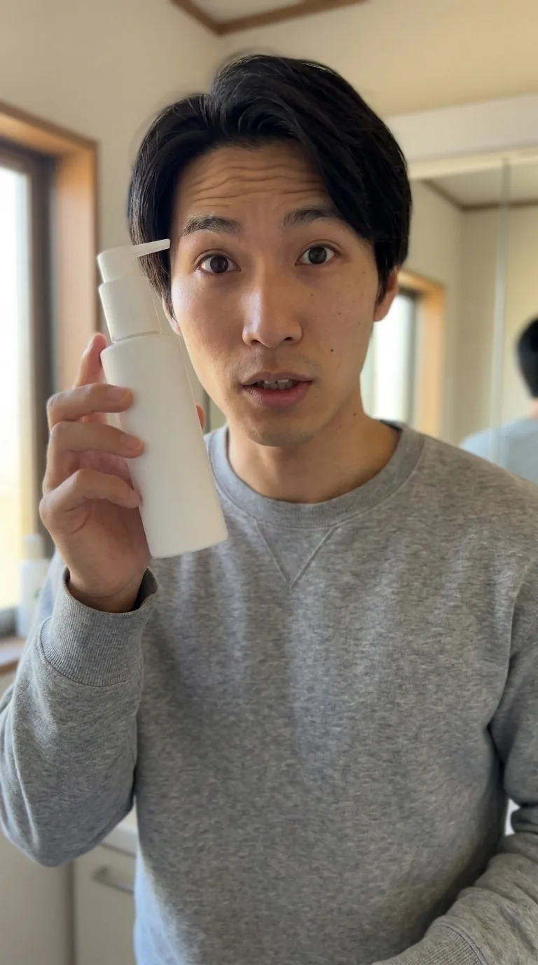 The measured hook still that started this tutorial's ad: a young creator holding an unbranded matte pump bottle next to his face in bathroom window light, vertical 9:16 framing, generated by the Playcut Actor Engine in 20.6 seconds for 67 credits