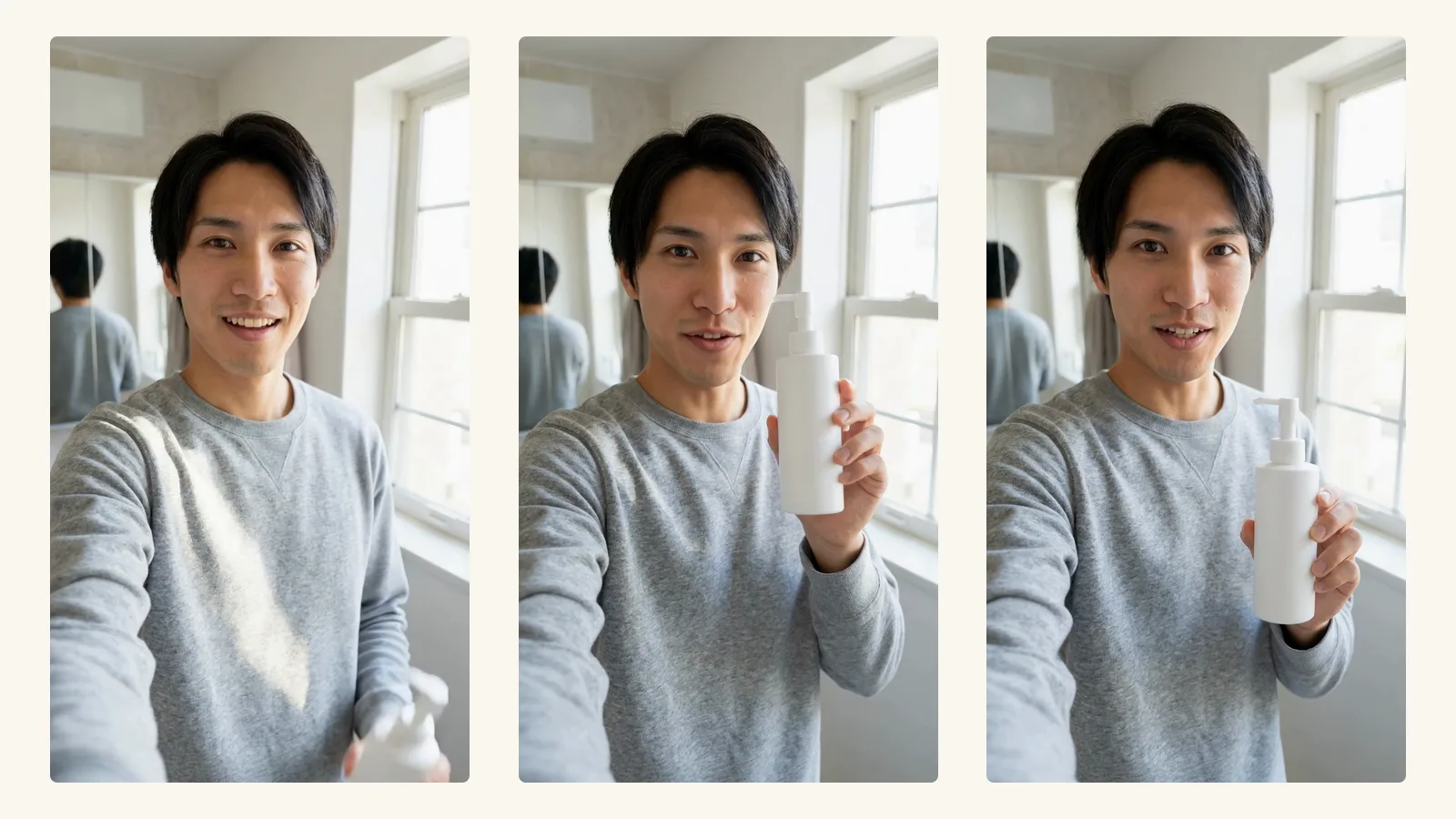 Three frames pulled from the start, middle, and end of the finished 10-second AI UGC clip shown side by side, the same creator's face holding identical across all three, rendered by the Playcut Actor Engine