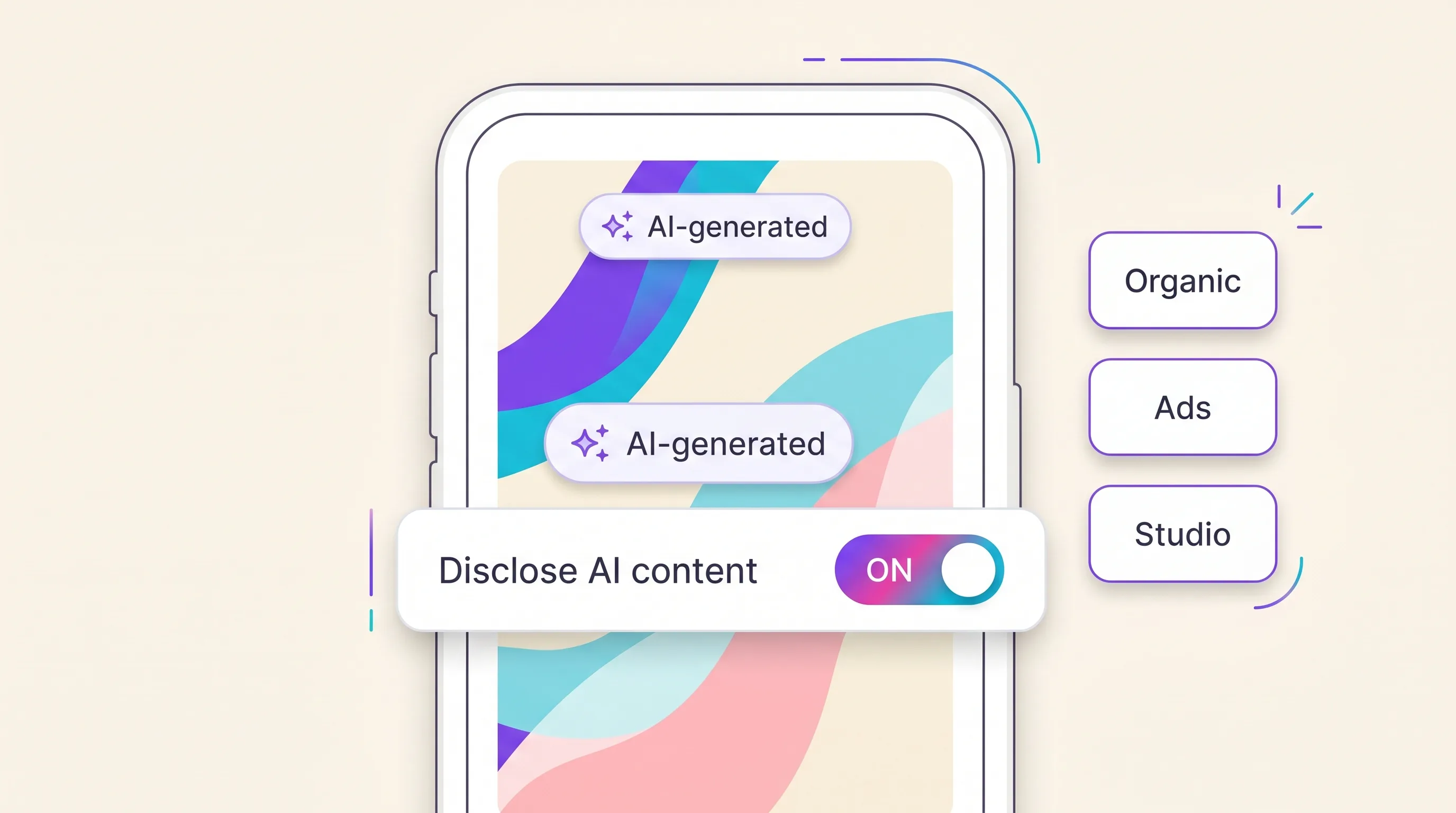 Illustrated phone screen showing a generic AI-generated content disclosure badge above a publish toggle, representing the platform labeling step for AI UGC