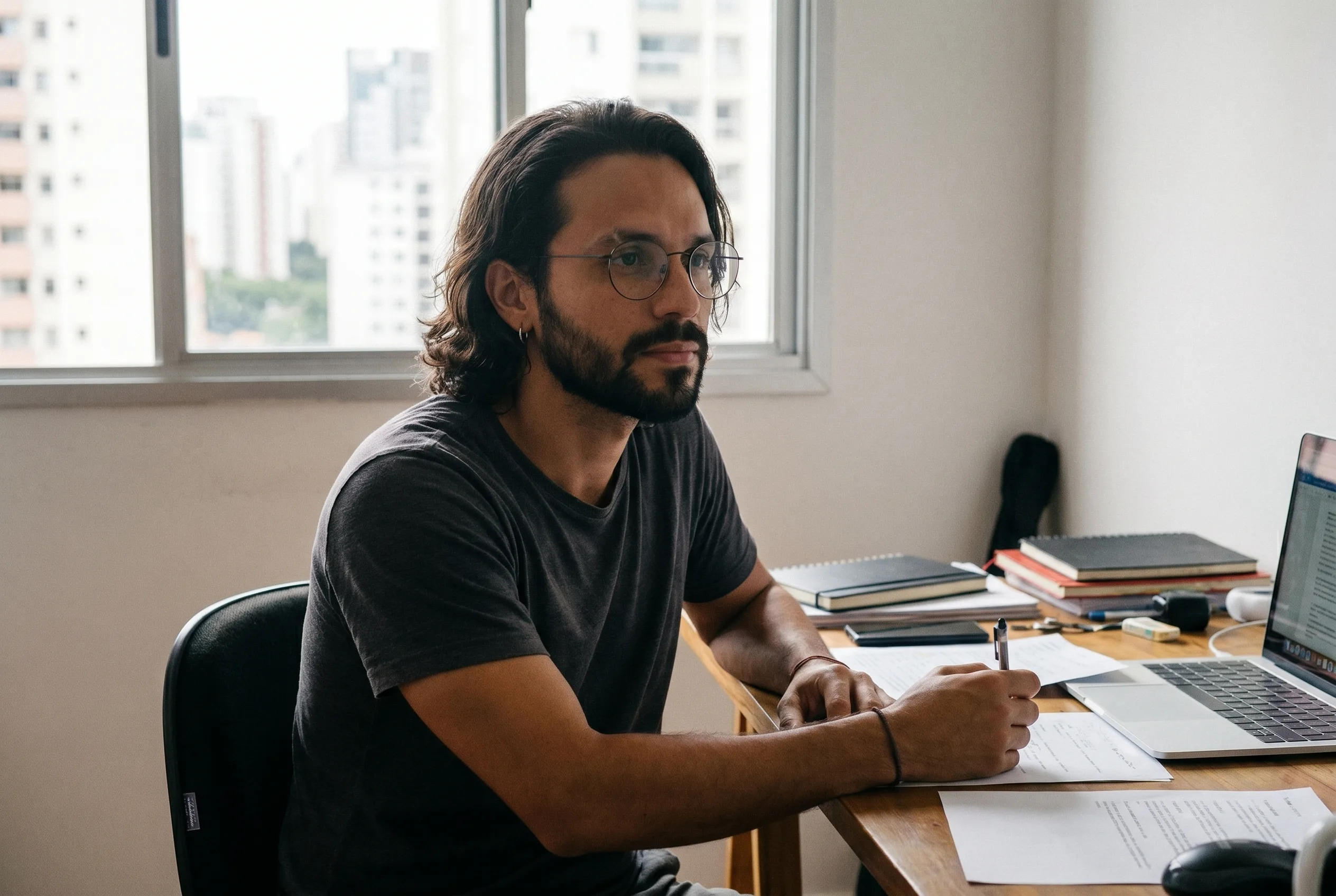 Diego Ribeiro, a Sao Paulo AI ad operator, leaning over a printed storyboard at his Casa Ribeiro workstation with a fountain pen poised over the third panel as he iterates a thirty-second product ad script in Playcut, wire-frame glasses and silver hoop earring catching soft linen-filtered window light, Playcut Imagen 4 generation.