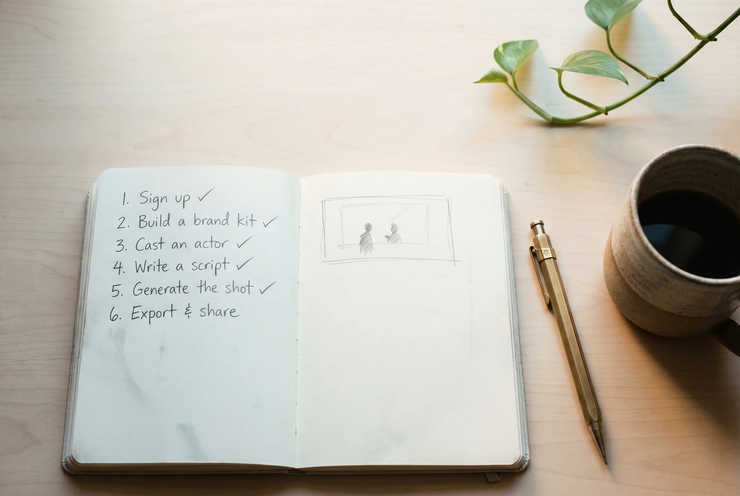 An open Moleskine notebook on a cream desk with a handwritten six-step Playcut workflow — sign up, build a brand kit, cast an actor, write a script, generate the shot, export and share — five items ticked off in graphite, a brushed-brass pencil and a half-empty ceramic pour-over coffee mug catching soft north-facing window light, Playcut Imagen 4 generation.