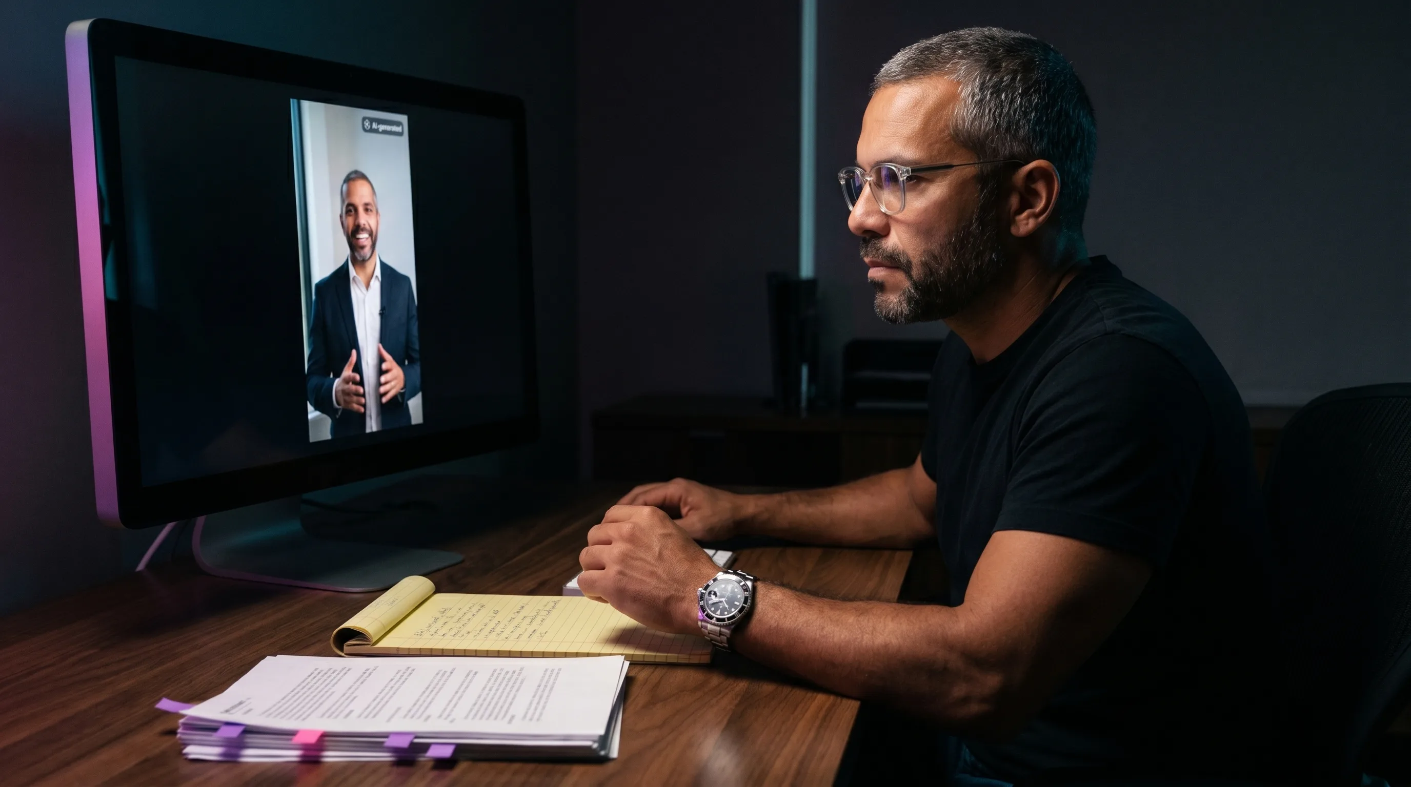 Is AI UGC legal in 2026: an agency founder reviewing a vertical AI UGC ad on a studio monitor with a visible AI-generated disclosure badge on the creative, flagged statute printouts on the desk beside him, the on-screen actor rendered by the Playcut Actor Engine