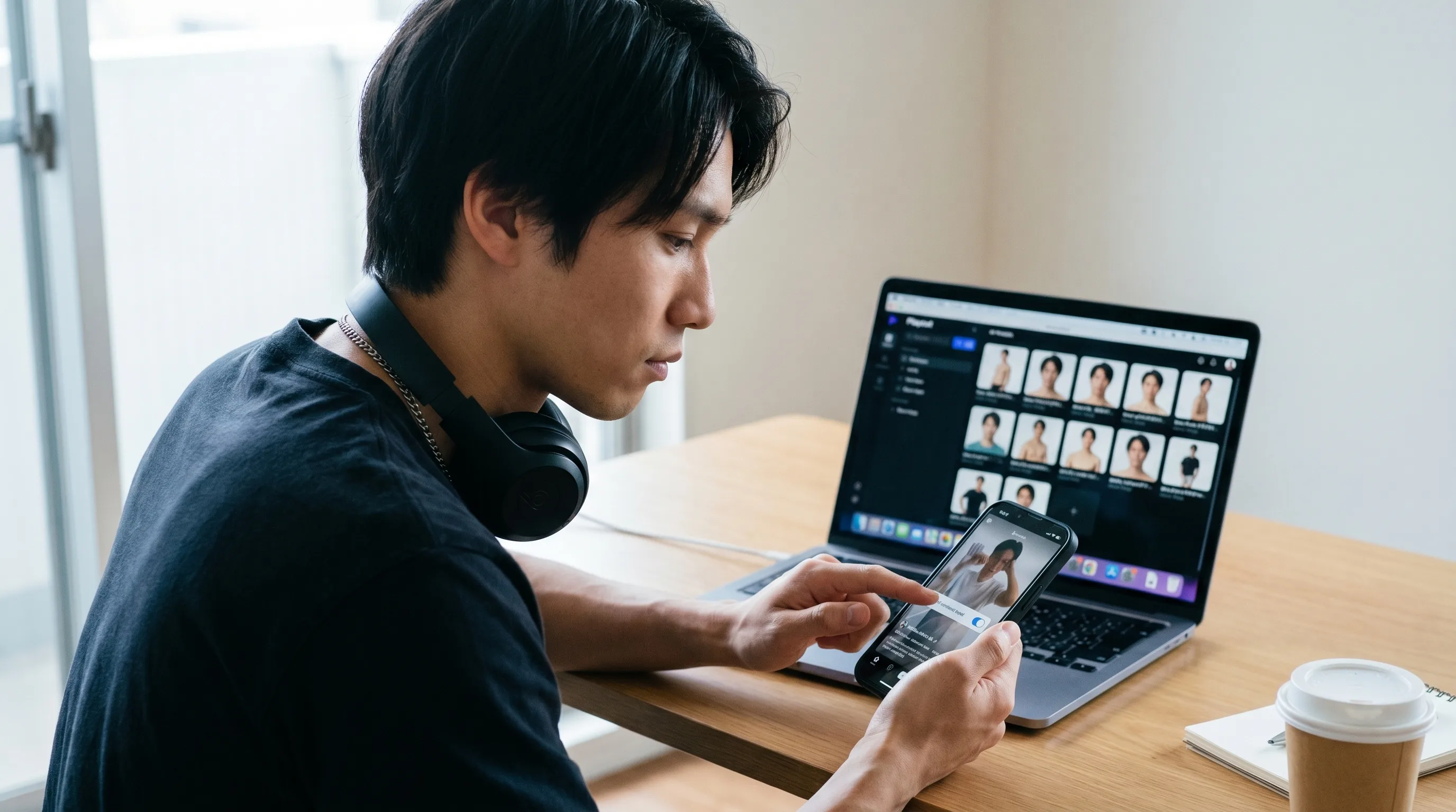 Creator at his desk applying an AI-generated content label to a finished vertical UGC ad on his phone before publishing, a Playcut workspace with the saved actor visible on the laptop screen behind it, rendered by the Playcut Actor Engine