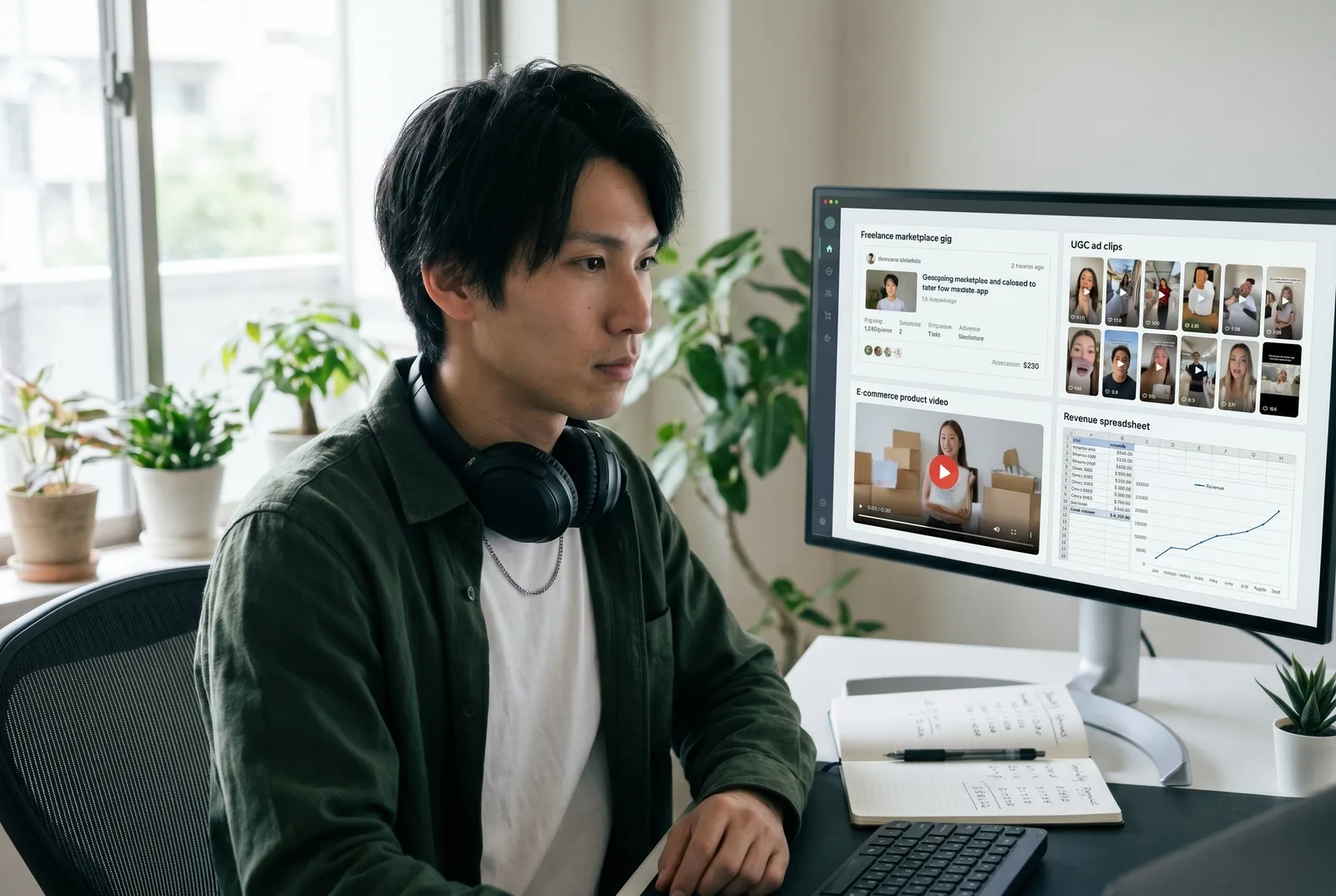 A creator at a desk reviewing eight AI video income streams on screen — a Fiverr gig, a UGC ad grid, a Shopify product clip, and a margin spreadsheet — beside a notebook of monthly revenue math