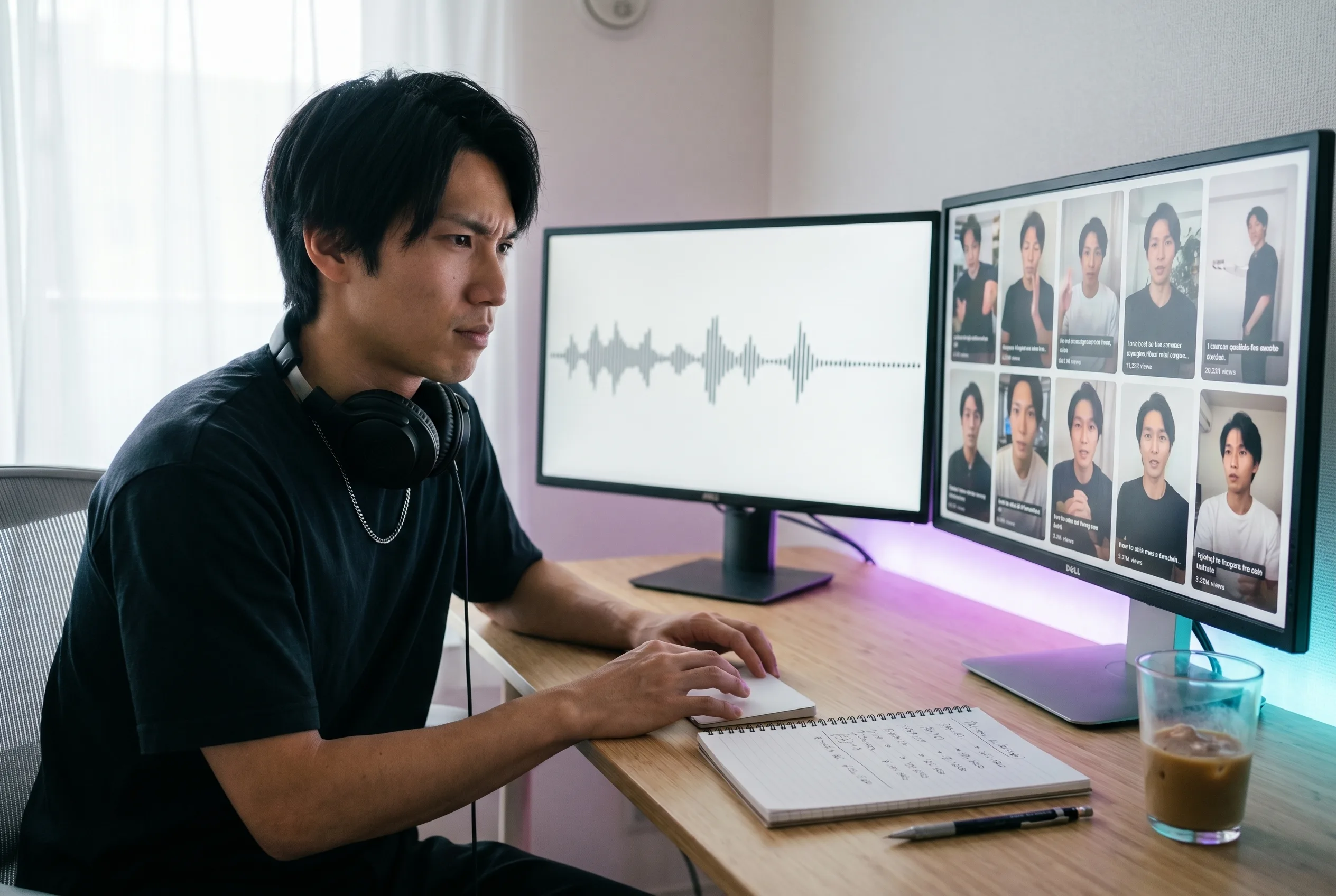 Kai Tanaka, an indie creator, comparing Opus Clip alternatives at a dual-monitor editing bench with a long-form podcast timeline on one screen and a grid of vertical short-form clips on the other, handwritten pricing notebook in frame, rendered by the Playcut Actor Engine