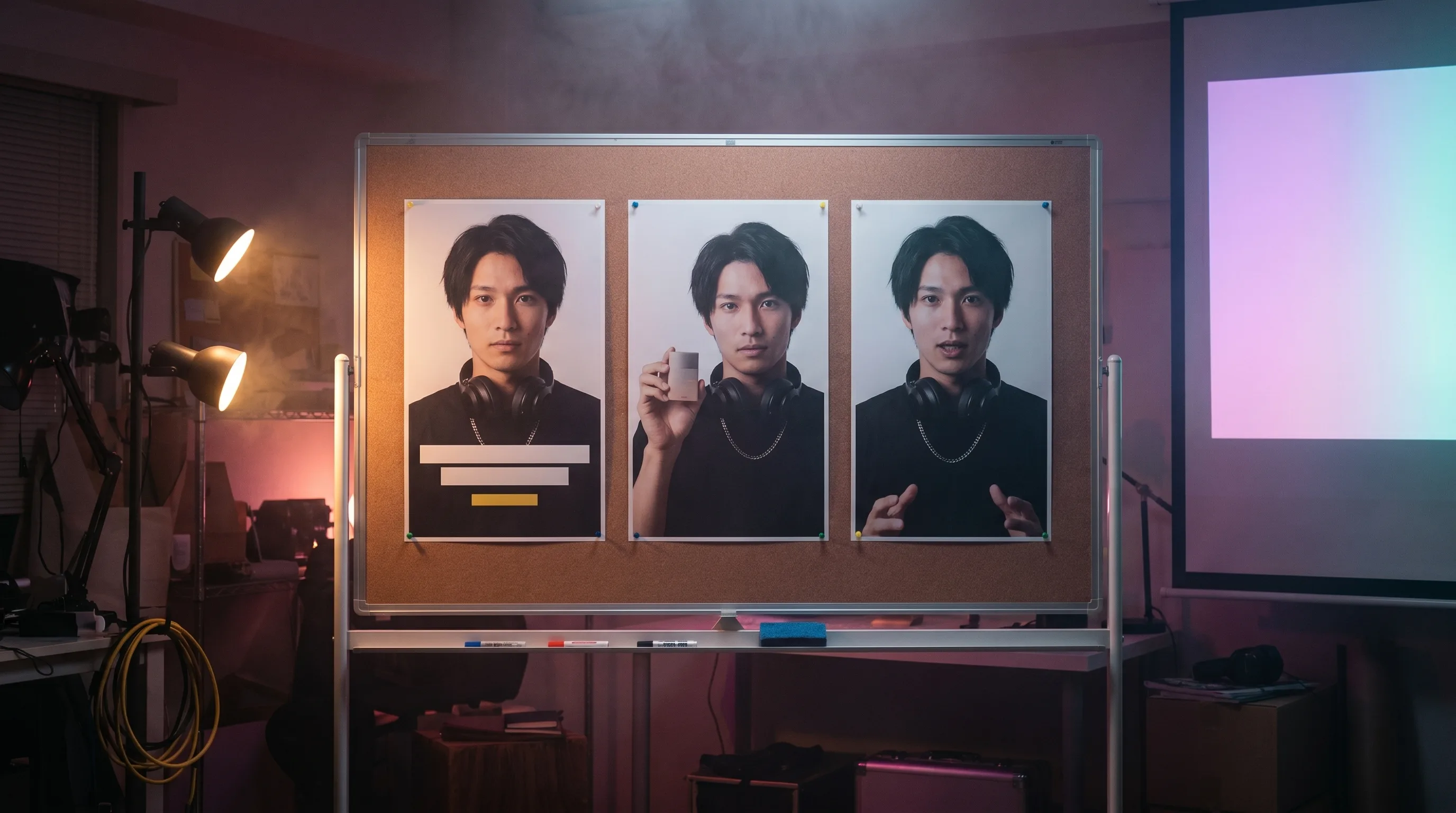 The same Playcut AI actor held consistent across a 9:16 UGC ad frame, a product-in-hand frame, and a talking-to-camera frame, rendered by the Playcut Actor Engine