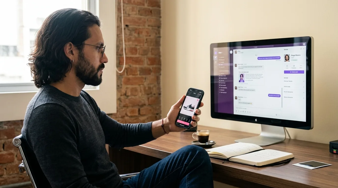 Wolfgang Tillmans-style editorial portrait of a creative operator at a São Paulo workstation with a phone showing a Pixelcut-style mobile photo editor on the left and a desktop monitor showing a Playcut-style chat studio on the right, illustrating the mobile prosumer to studio professional split
