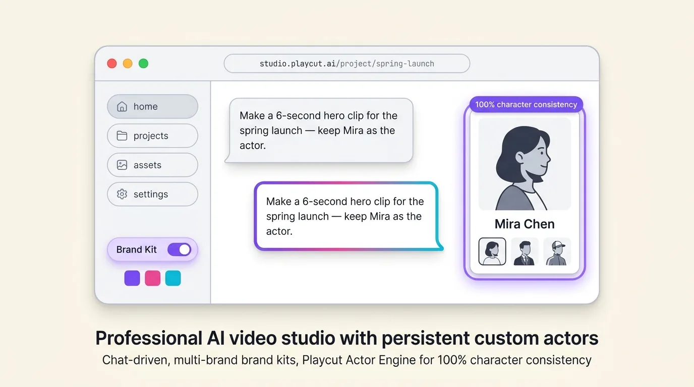 Illustrated mockup of a stylized desktop chat studio with an actor card on the right rail and a multi-brand brand kit toggle in the sidebar, captioned as a professional AI video studio with persistent custom actors