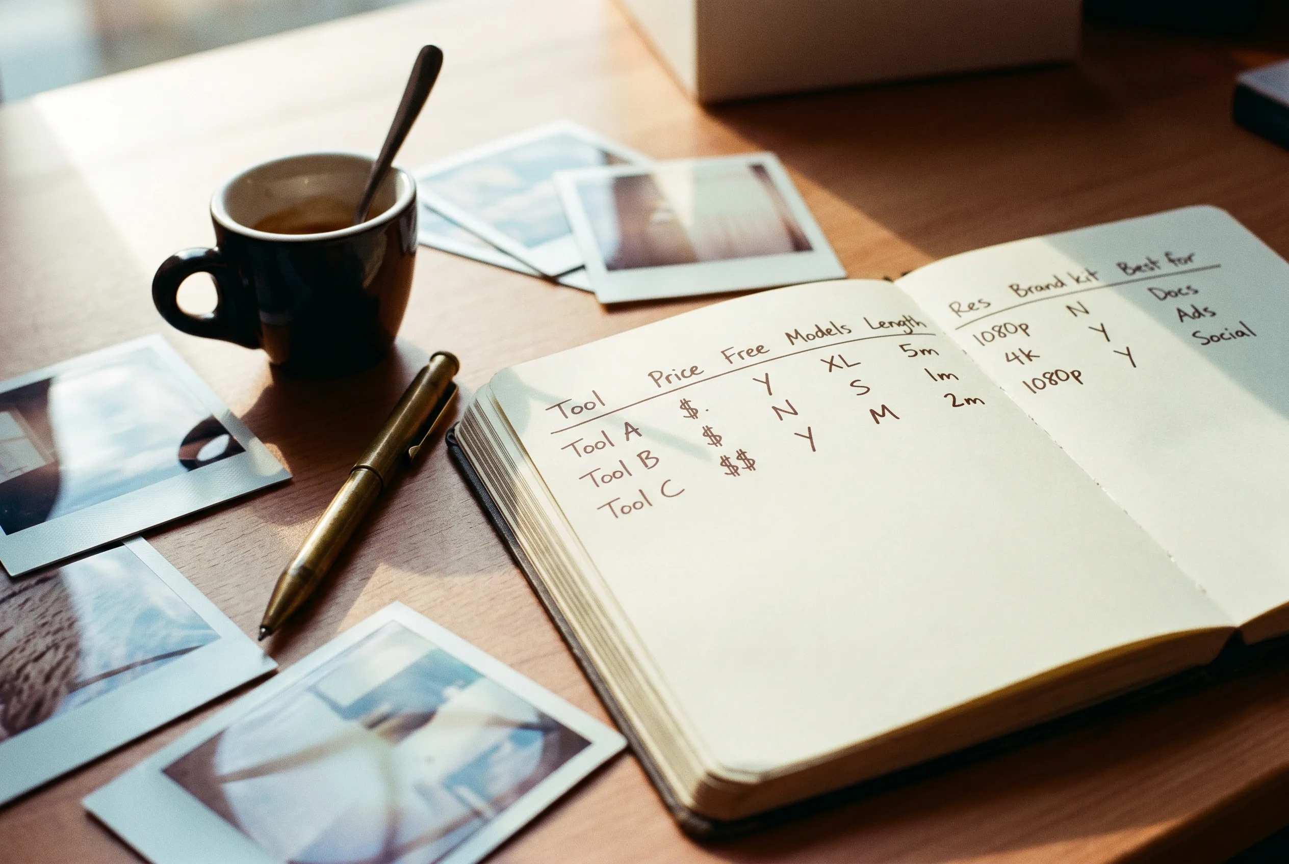 An open Moleskine notebook with a handwritten comparison rubric for eight AI video studios, espresso cup and Polaroid prints arranged on a sunlit creative-director desk, Playcut Imagen 4 generation