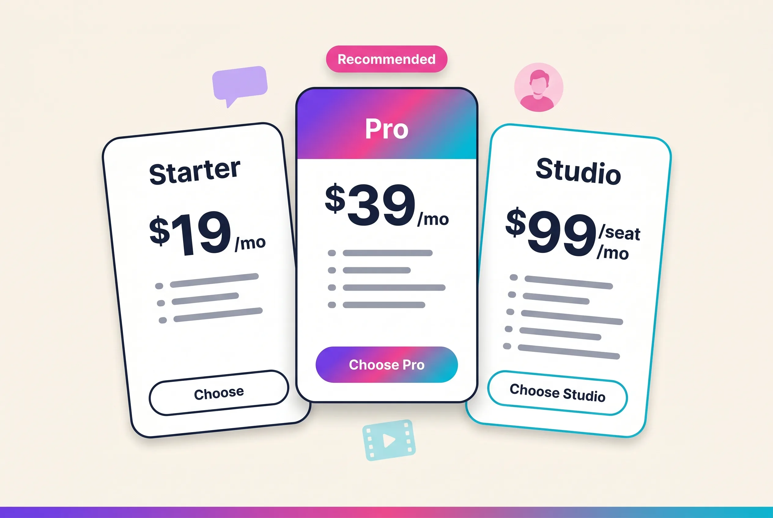 Playcut pricing comparison showing Hobby Pro Studio and Agency plans with credit allowances and custom AI actor counts