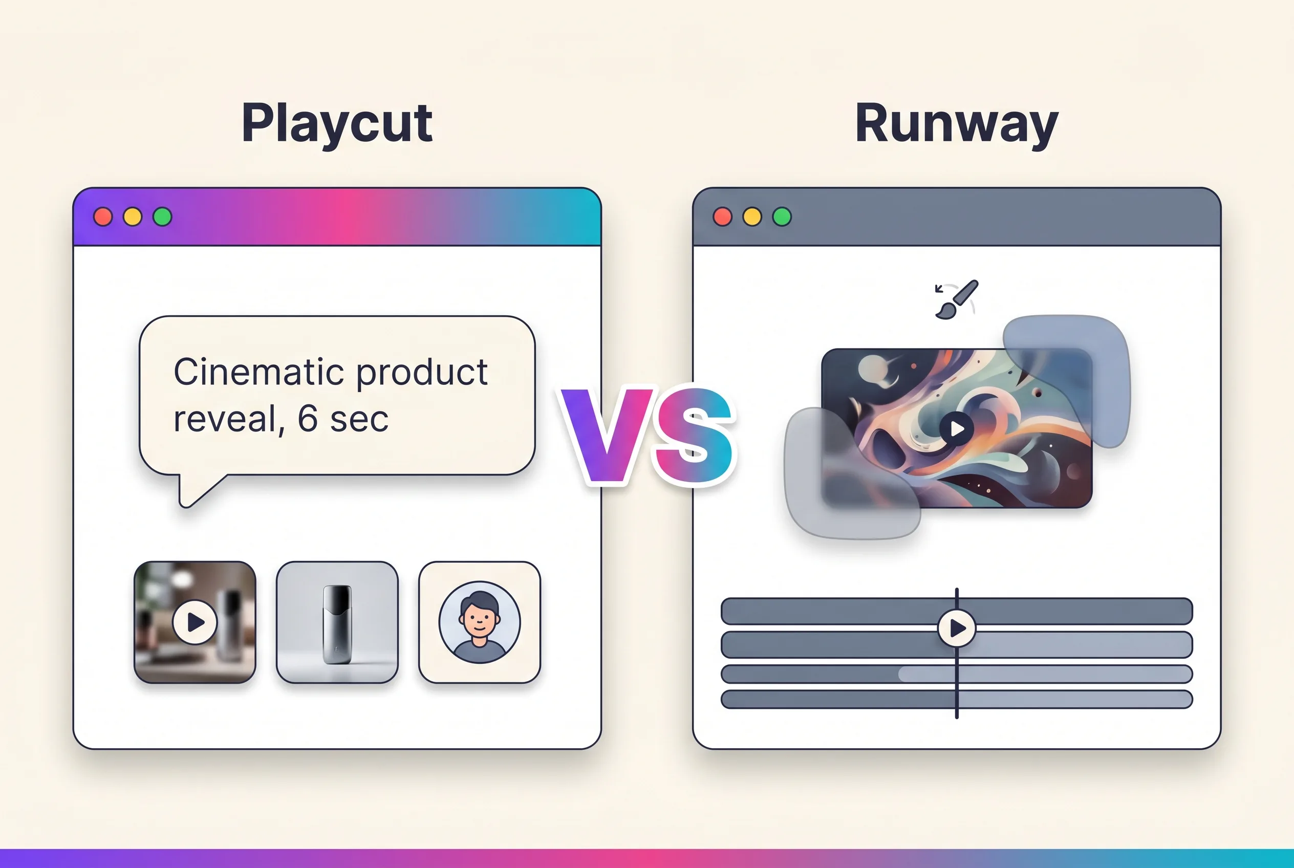 Side-by-side comparison of Playcut studio and Runway Gen-4.5 generating cinematic AI video