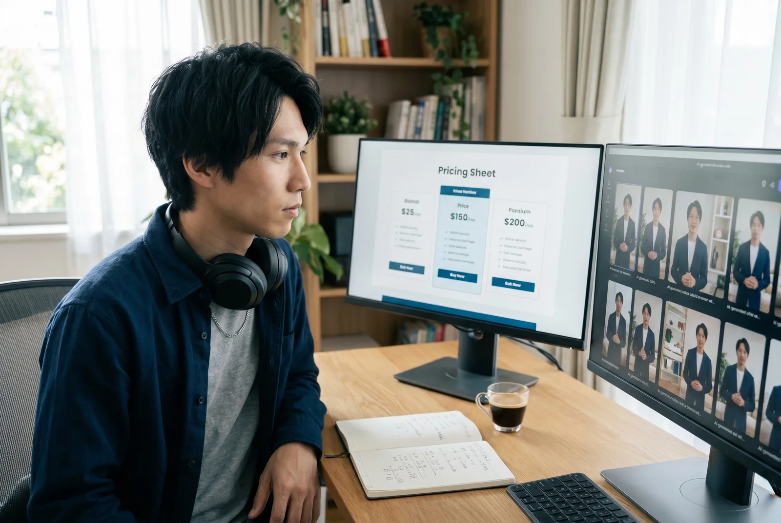 A solo agency founder at a two-monitor desk reviewing a service-menu pricing sheet and a grid of AI-generated UGC ad variants, with a notebook of margin math and an espresso beside the keyboard