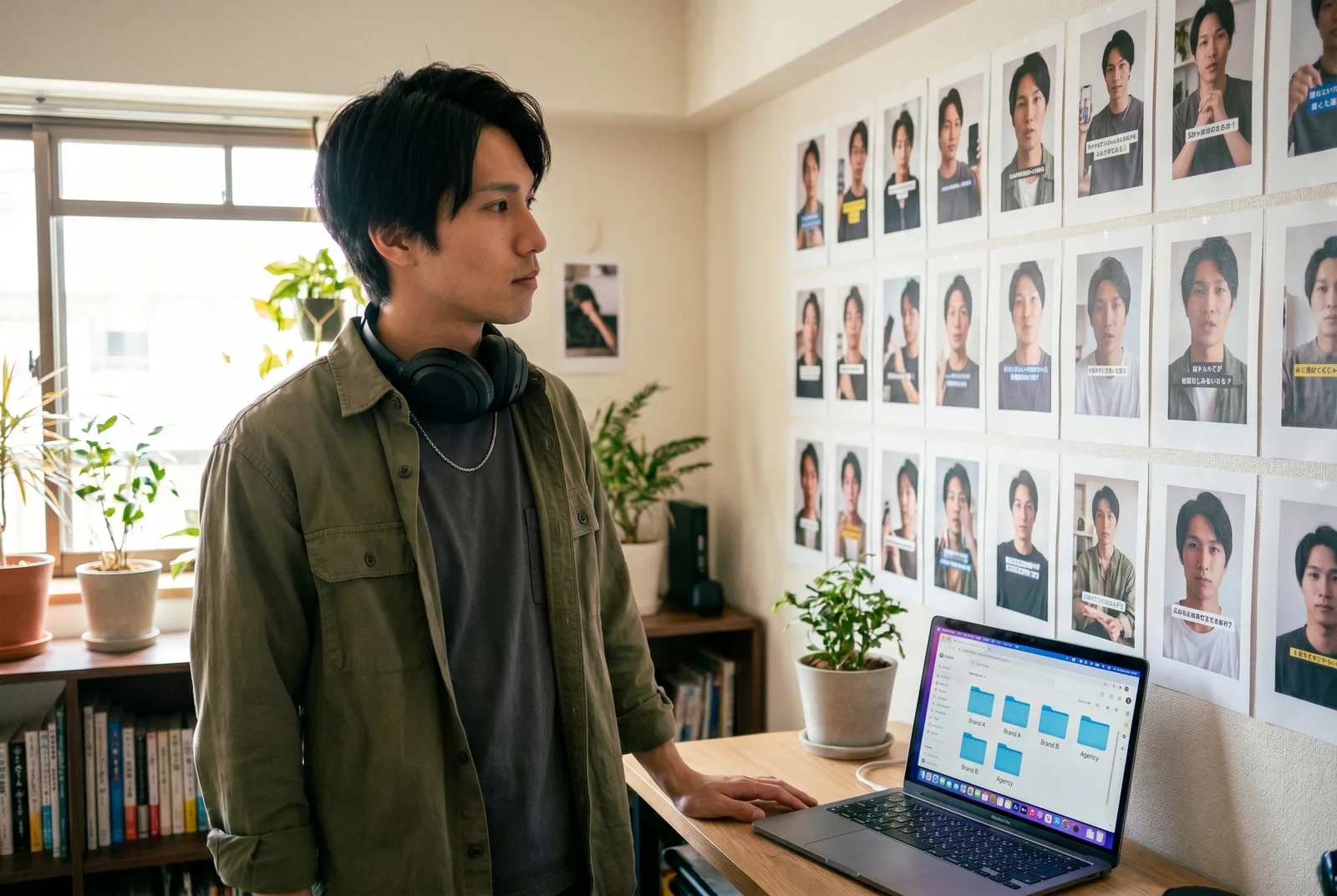 AI UGC agency operator at a desk reviewing a wall of pinned creator-style vertical ad printouts featuring the same recurring AI actor across many hook variants, laptop open to a multi-brand workspace dashboard