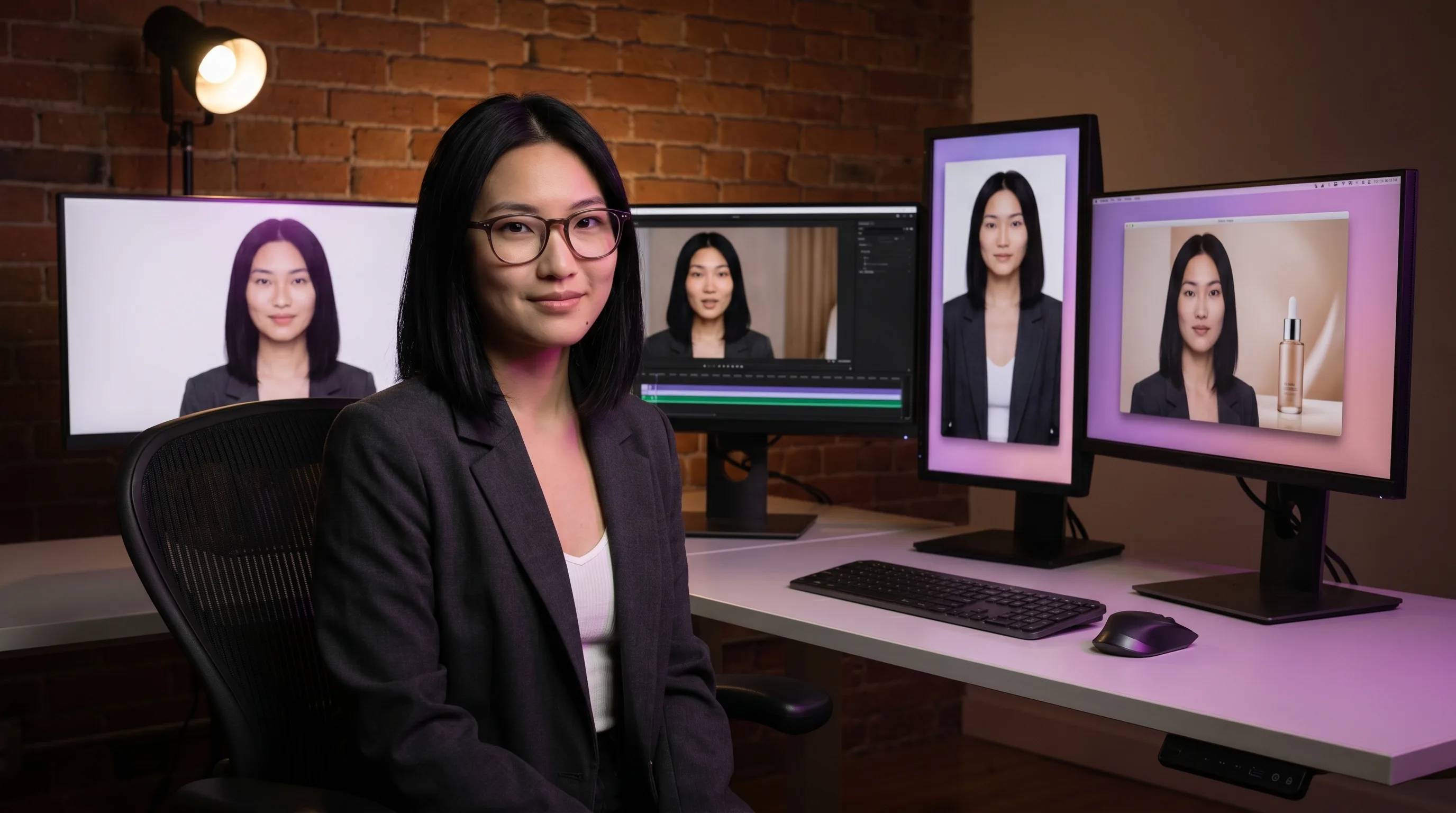 Mira Chen reviews the 7-vendor Synthesia alternatives matrix on a multi-monitor L&D workstation — one Playcut actor across stills, motion video, UGC ads, and on-product compositing