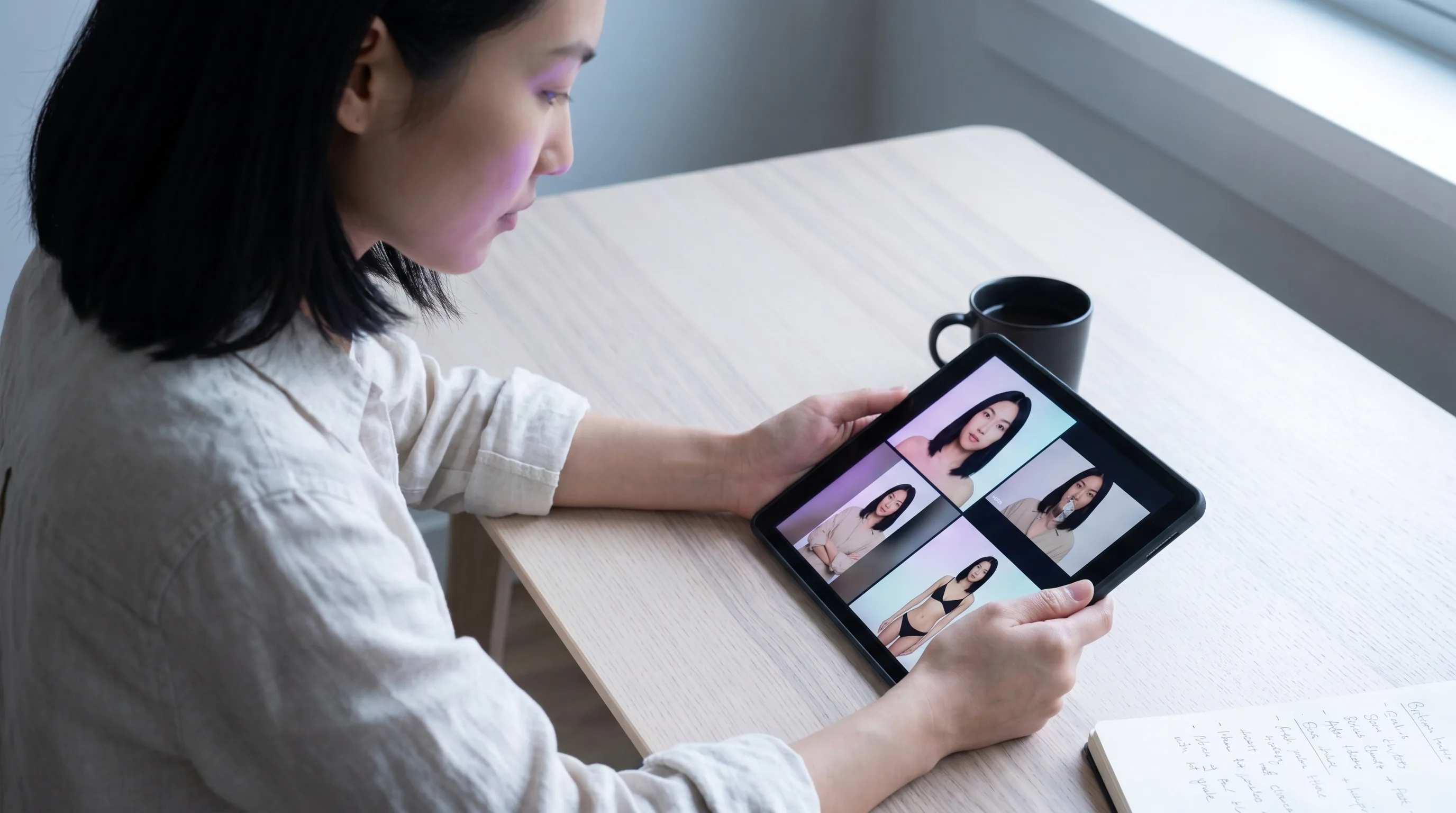 Mira Chen reviewing a tablet showing four output cards in a 2x2 grid — the same trained Playcut actor in a still portrait, a motion video frame, a UGC vertical clip, and an on-product compositing shot — with a faint violet-pink-cyan gradient glow from the tablet, Playcut Imagen generation