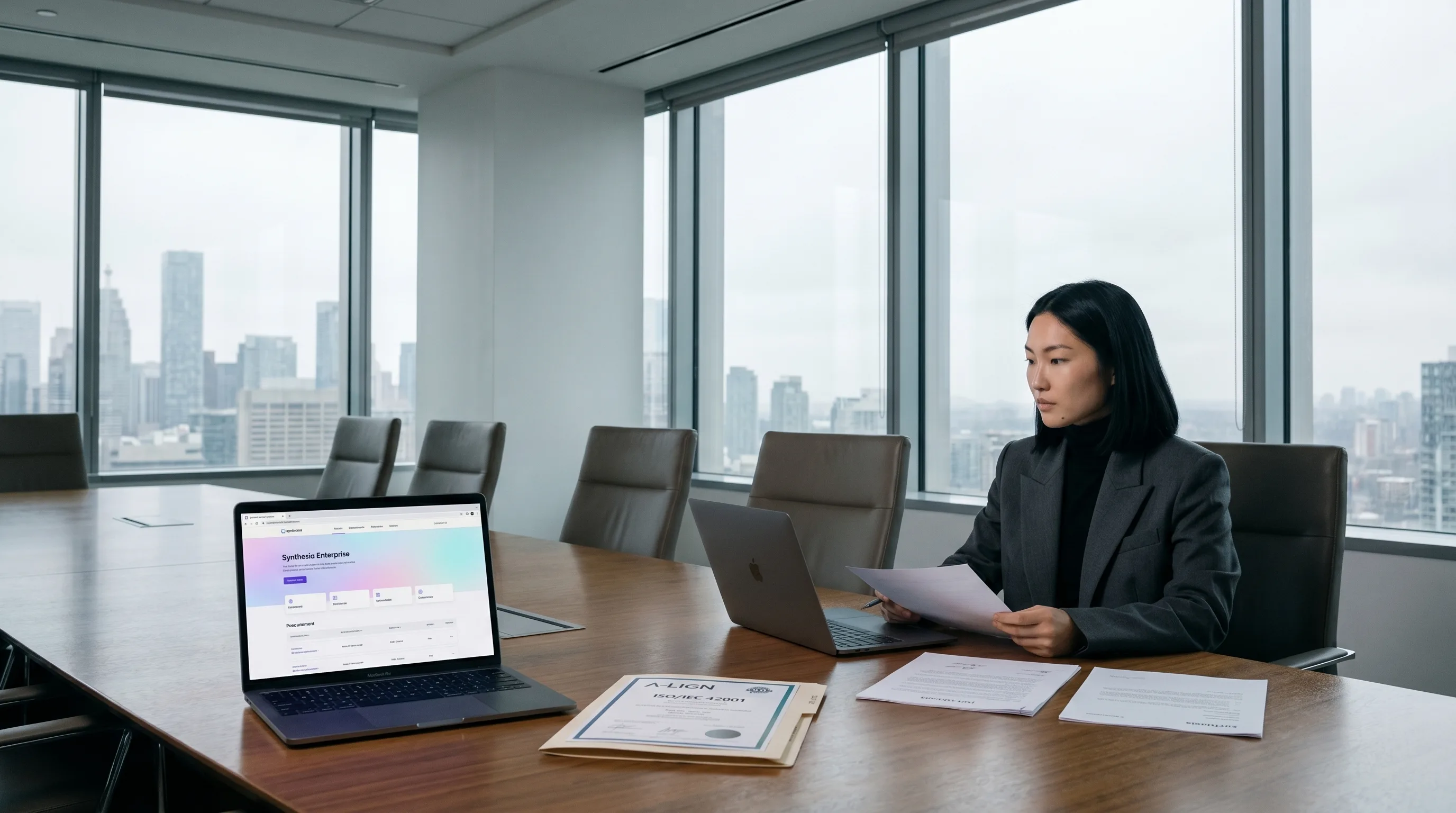 Mira Chen at a F500 corporate conference table evaluating procurement materials — an open MacBook with a Synthesia Enterprise quote, a printed ISO/IEC 42001 certificate in an A-LIGN audit folder, and a signed DPA contract — under soft overcast diffused Toronto daylight, Playcut Imagen generation